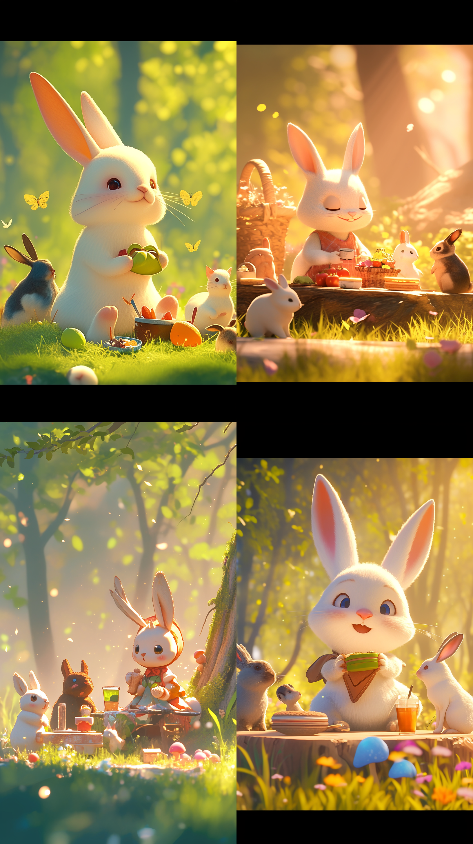 小兔子穿衣服，森林里与动物围坐吃点心，春天氛围，特写，柔焦，甜美，卡通立体可爱 3d 渲染，细节清晰，背景弱化，最佳质量，超细节，高清，超高质量。