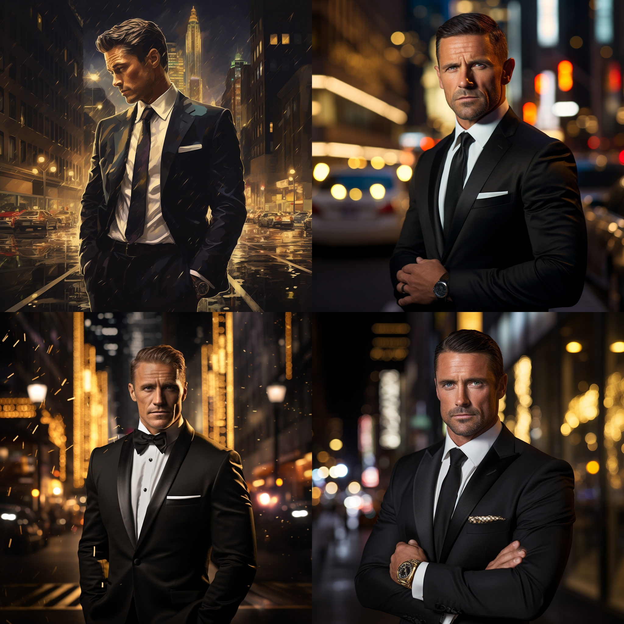 一个45岁成功男士，西装革履，金手表。背景豪华高楼大厦，车水马龙，穿黑西装白衬衫，侧脸，霓虹都市夜景背景，高角度俯视，城市光影，反射，现代风格，侧光，明亮色调，表情严肃。高清晰度，广角镜头，抓拍，自信。