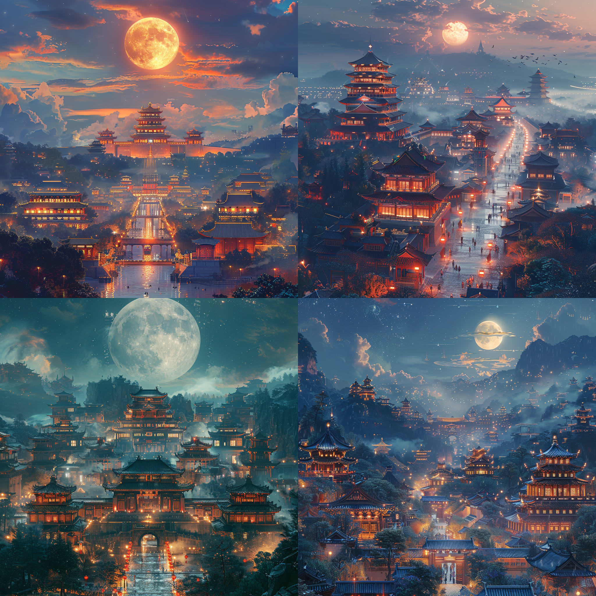 大唐皇城，中国宫殿群建筑，远景，冷色调，超写实风格，月亮，星空，电影灯光，自然环境，层次丰富，精密庄严。