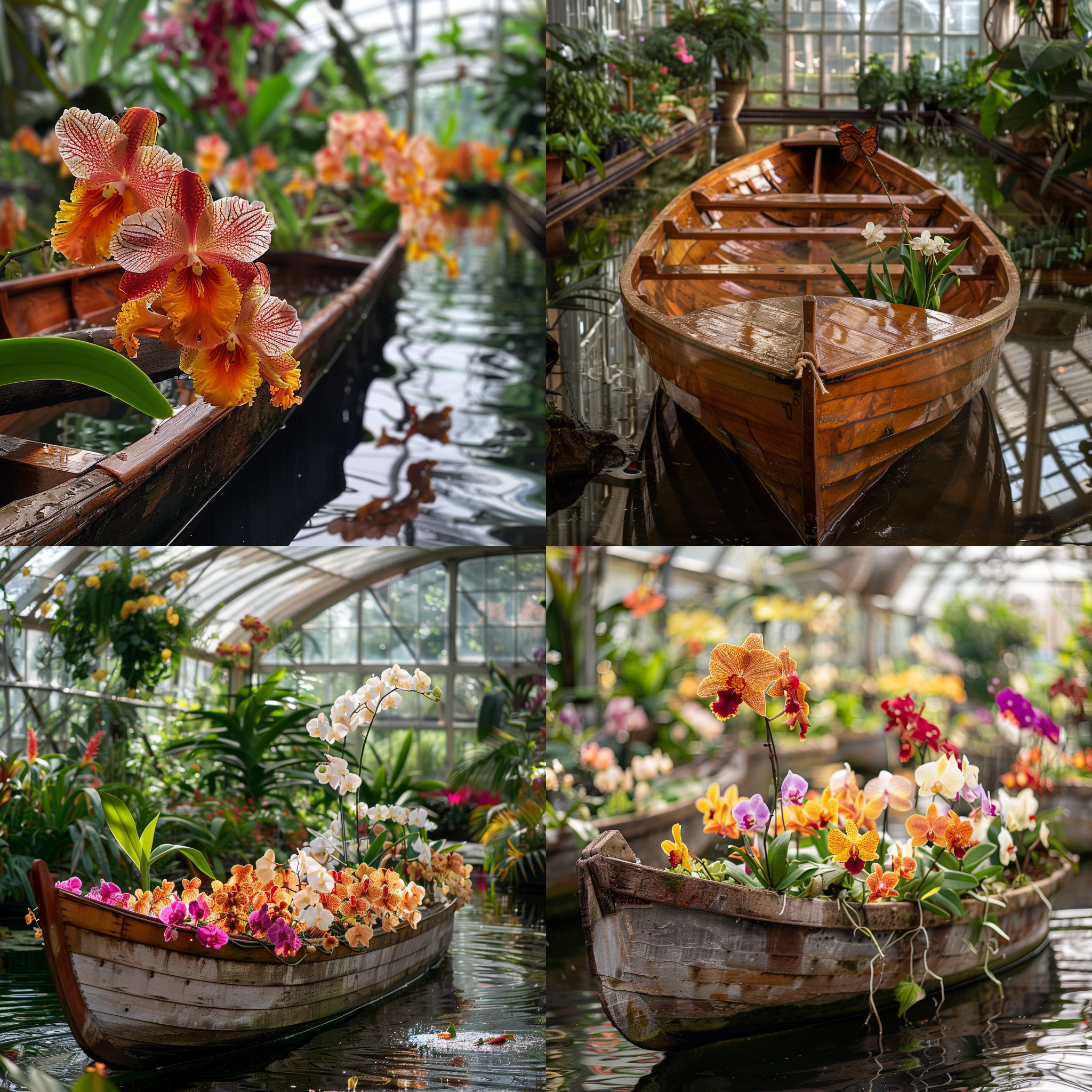 蝴蝶兰温室，大木船种植，微距镜头，鲜艳花瓣，水环绕，商业摄影元素，平静氛围。