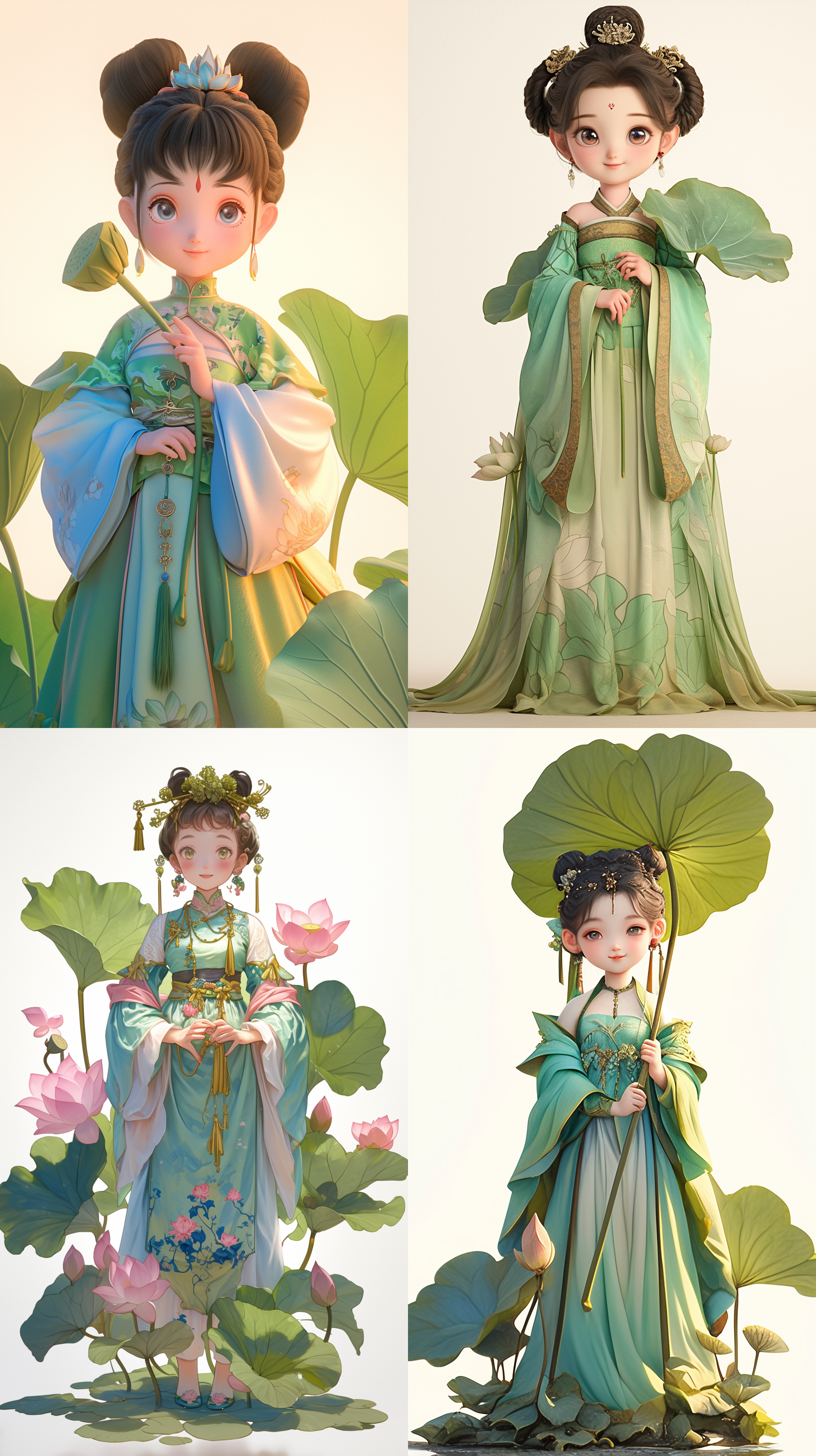 q版卡通ip少女，3d模型，中国汉服，白色背景，明亮色调，细节丰富，荷花，荷叶，莲蓬，装饰元素，充满活力，完整展示，夏季元素。 卡通风格，高清晰度，正面构图，鲜艳色彩，逼真质感，镜头聚焦，柔和光线，微笑表情，生动活泼，荷叶状服饰，童趣。