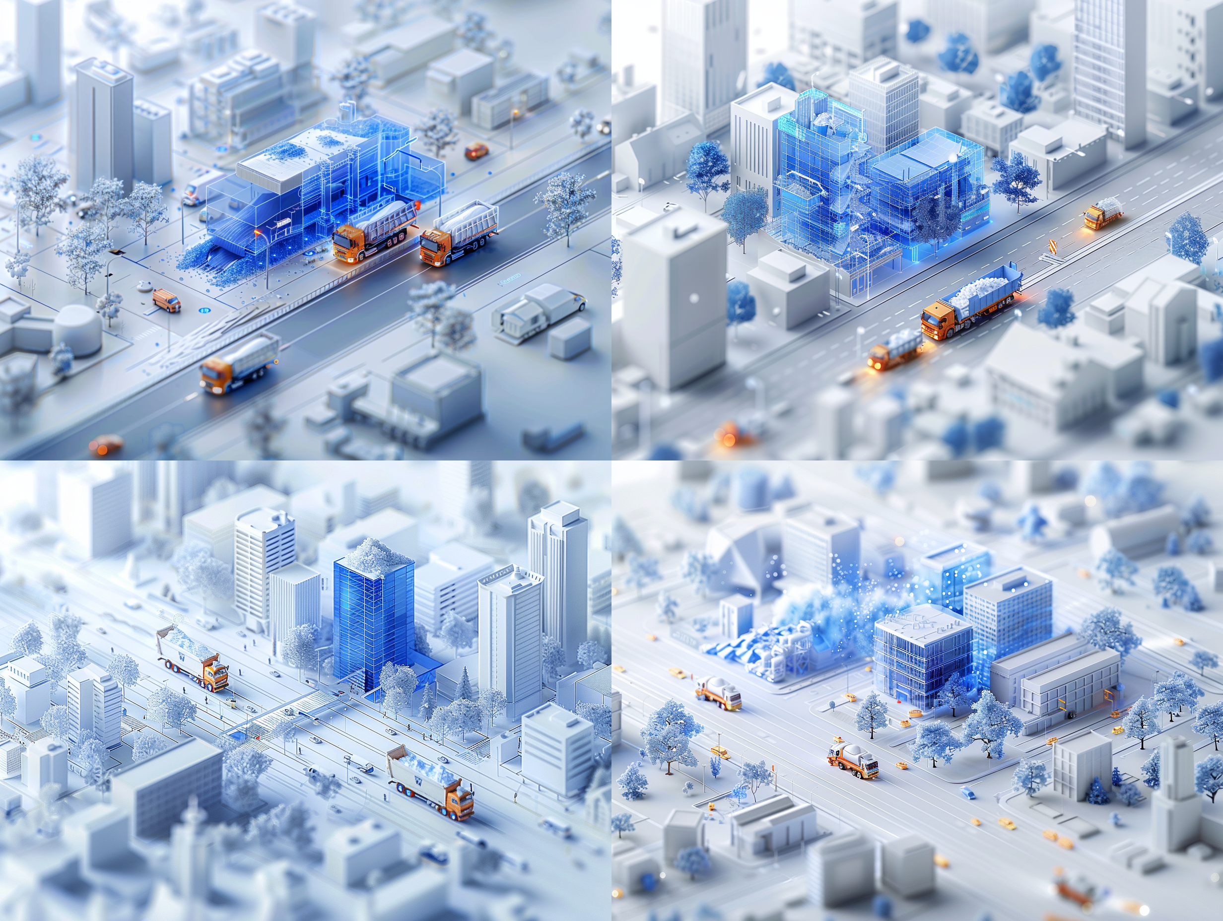 超级 cbd 景观，垃圾车行驶在路上，半垃圾处理厂在运作，工人在现代住宅楼搬运垃圾袋，工作室照明，c4d 风格，blender 软件，octane 渲染，高细节 16k 分辨率，现代城市，静谧感，干净的调色板，蓝色发光玻璃装饰，周围的白色空间，白色石膏风格，大光圈突出主体，空中视觉，微缩视觉。