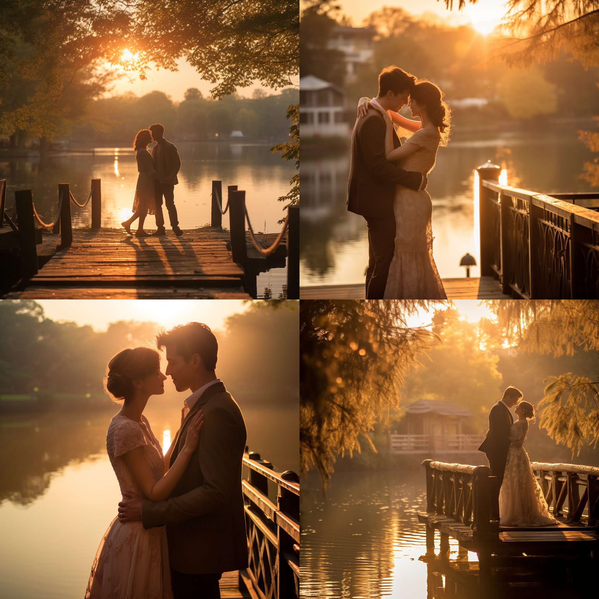 夕阳下的西湖断桥，一对即将结婚的情侣拥抱并即将亲吻，浪漫，黄金时刻，暖色调，长焦距，逆光，柔和的光线，幸福。