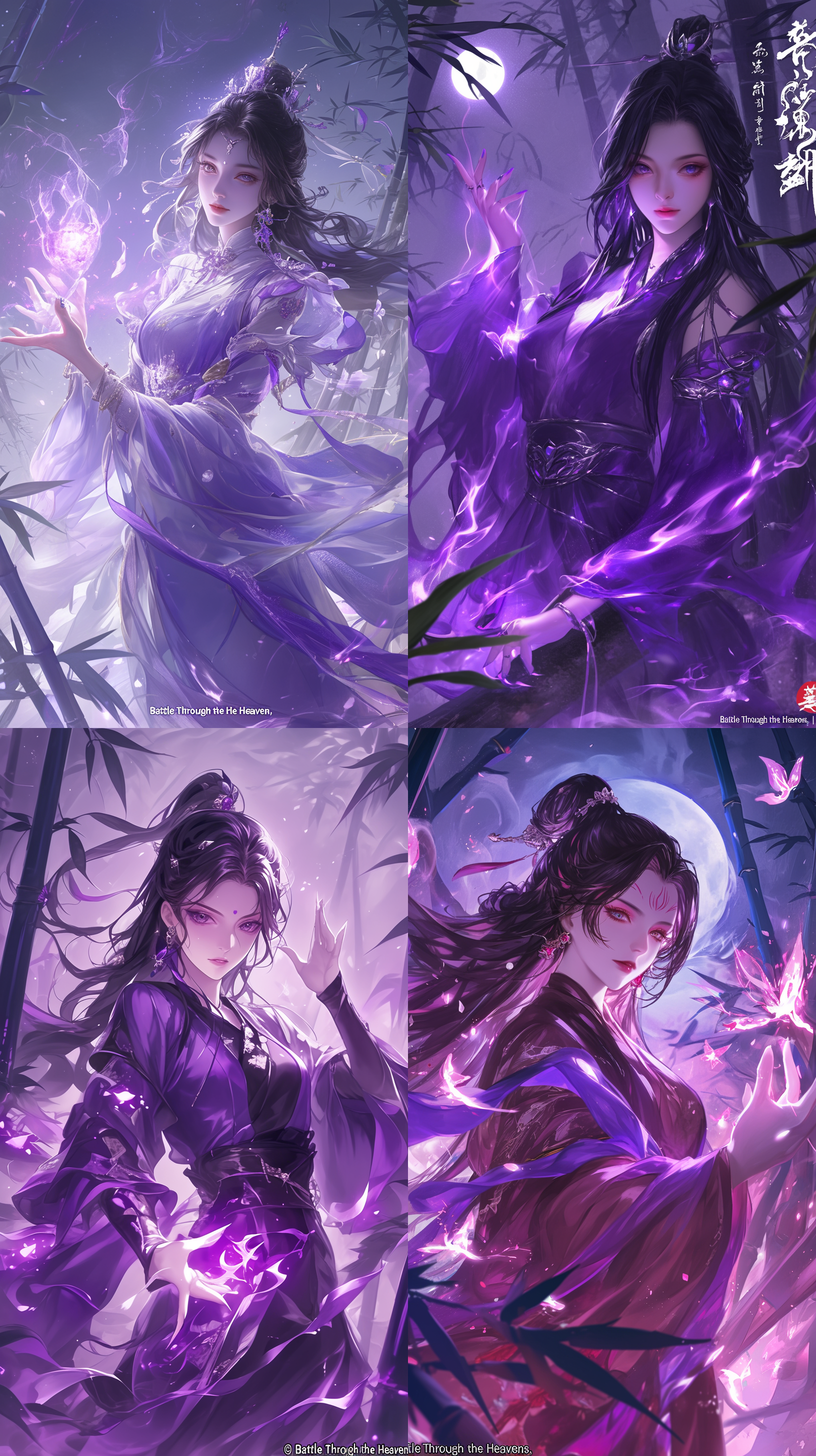 紫妍，斗破苍穹中的独特存在，身着紫色轻纱，长发如瀑，晶莹的眸子中闪烁着智慧之光。她在月华笼罩的竹林间，轻轻挥动手中药鼎，炼药之火如霓虹般斑斓。画面采用东方水墨风格，烟雾缭绕，光影斑驳，营造出神秘而宁静的氛围。低角度镜头，月光自上而下洒落，映照她清丽无双的面庞，更显仙姿出尘。