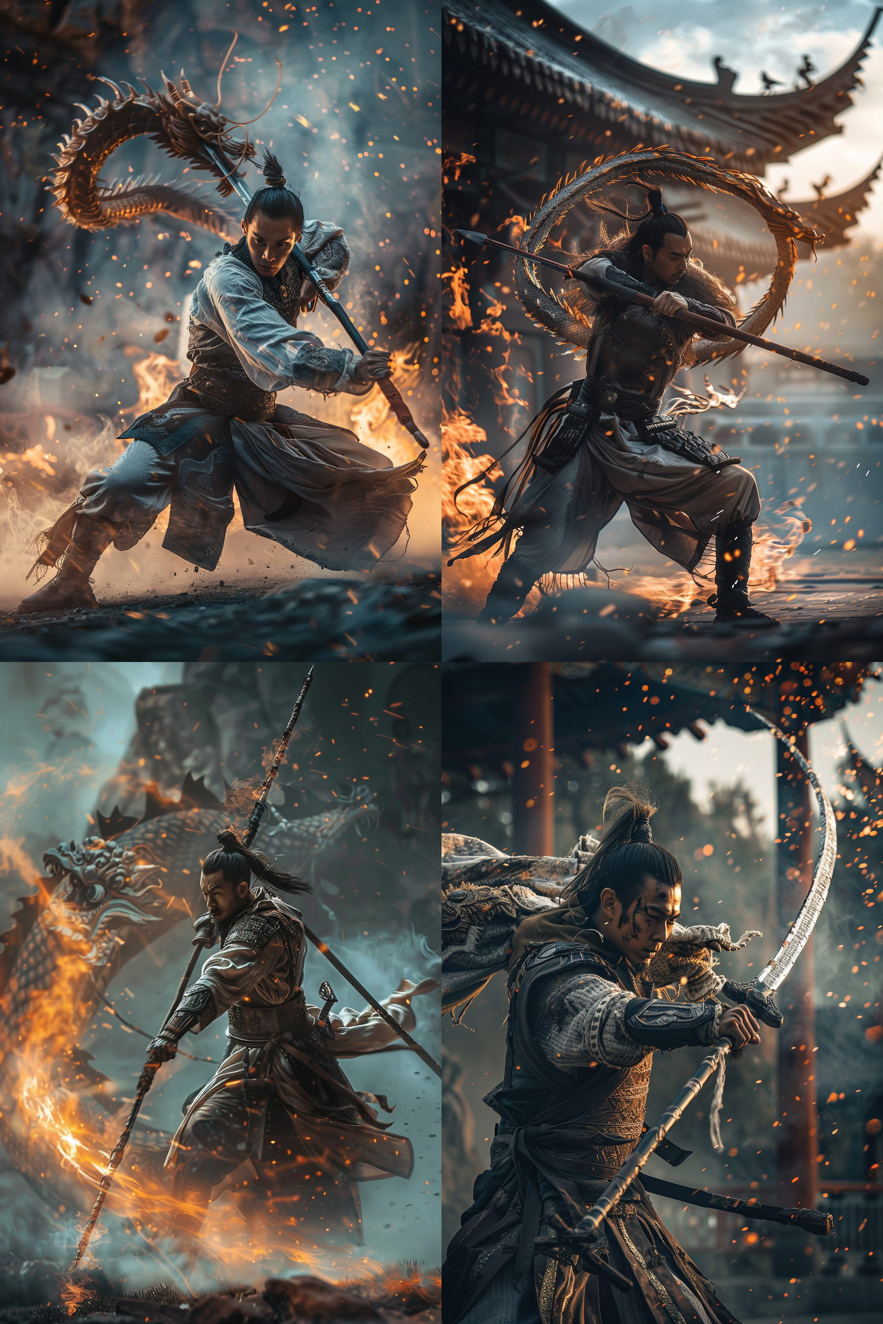 枪出如龙，动态捕捉，长枪舞动，战士英姿，战场背景，冷色调，长焦镜头，逆光，高速快门，专注，威严。