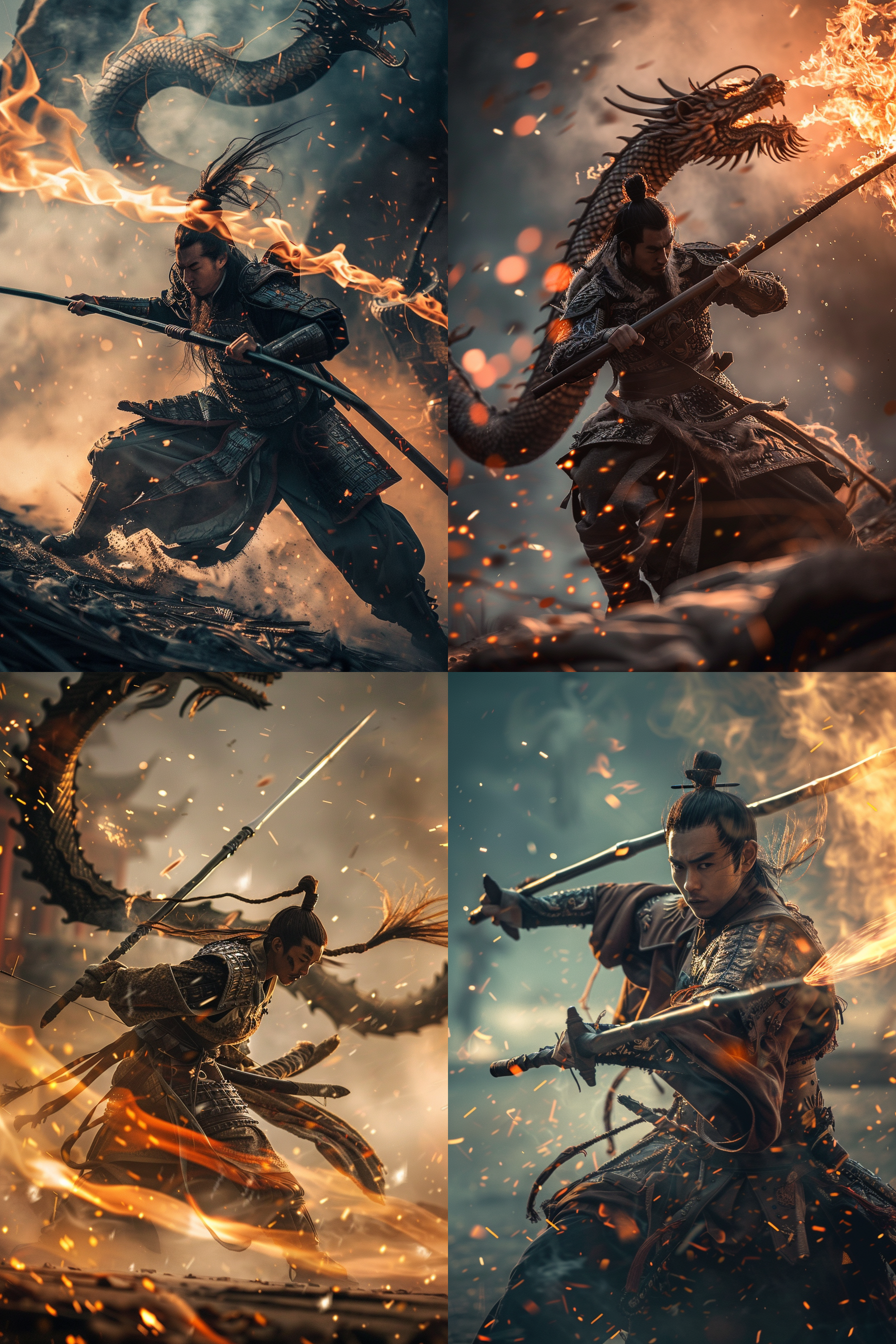 枪出如龙，动态捕捉，长枪舞动，战士英姿，战场背景，冷色调，长焦镜头，逆光，高速快门，专注，威严。