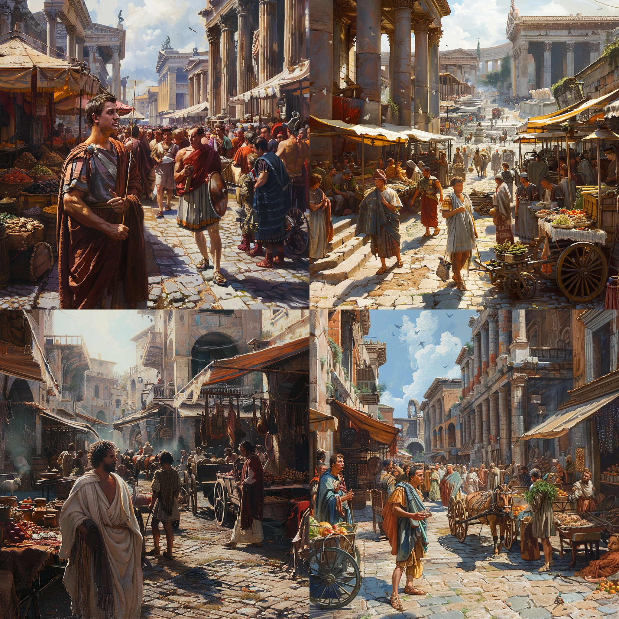 随着一阵轻微的震动和炫目的光芒，艾伦站在了古老的罗马街道上。他迅速适应了周围环境，换上了精心准备的古罗马服饰，混迹于人群之中。市场上的喧嚣、石板路上的马车、街角艺术家的吟唱，一切仿佛穿越时空的画卷缓缓展开。