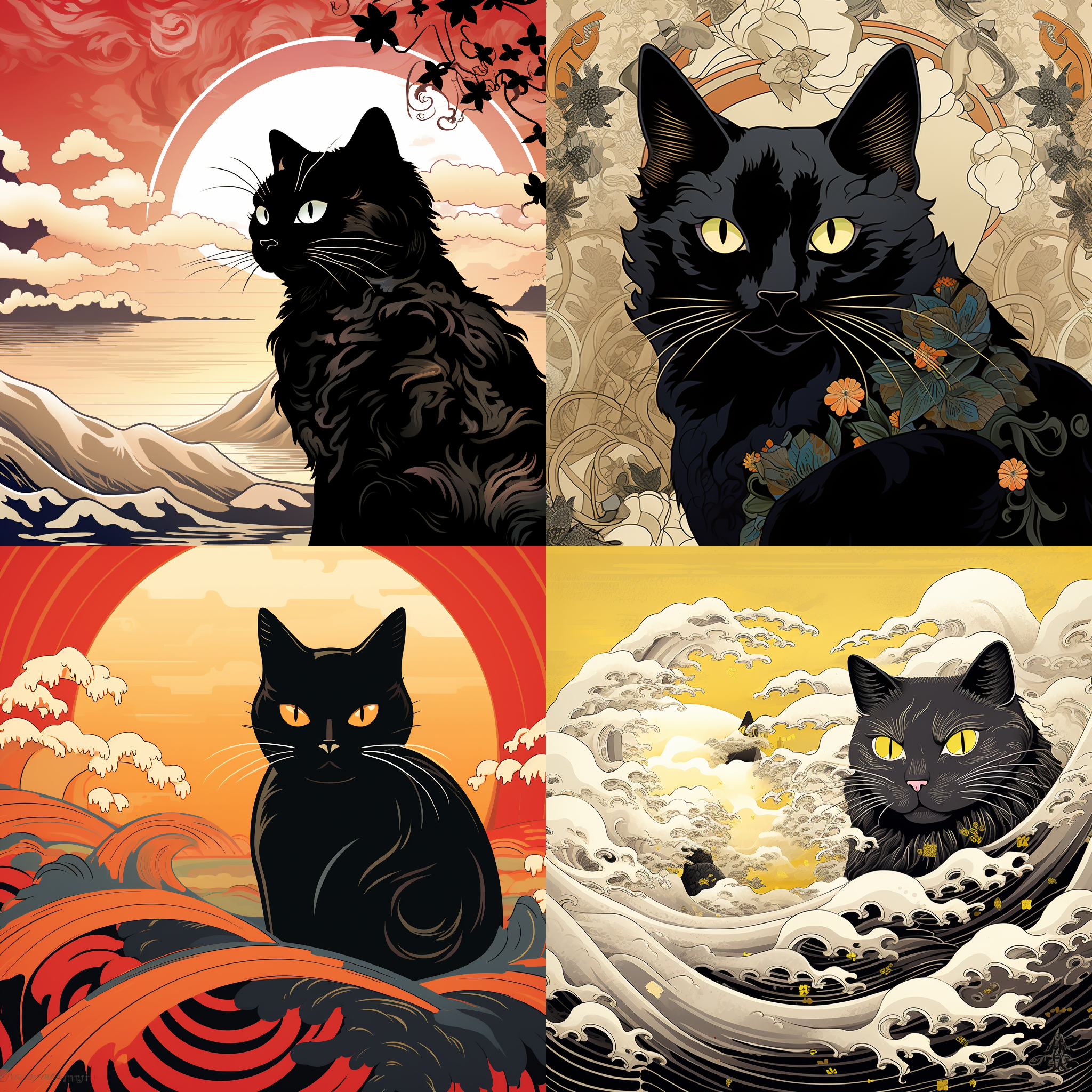 poster artwork, ornate background, 2019, sumptuous, artist katsushika hokusai, stylised, juxtapoz aesthetic, enigmatic beauty, vector aesthetics, defence, hanging scroll, highly detailed beautiful, artstatiom, purism, portrait of beautiful cat，神态探头窥探，黑猫,黑猫焦点，探头窥视镜头,只有一只猫
