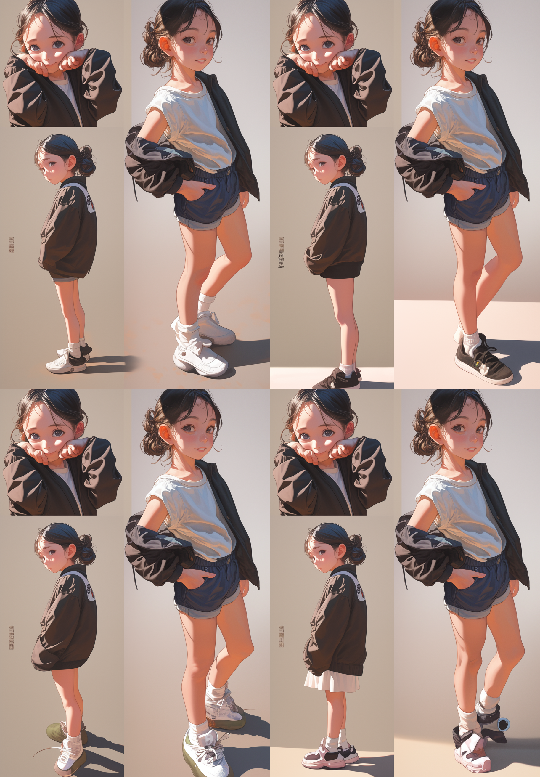 小女孩九宫格，情绪夸张，动作夸张，双手环抱，手掐腰，手插口袋，多姿势表情，室内，自然光，广角镜头，高饱和度，动态捕捉，活泼，自信。
