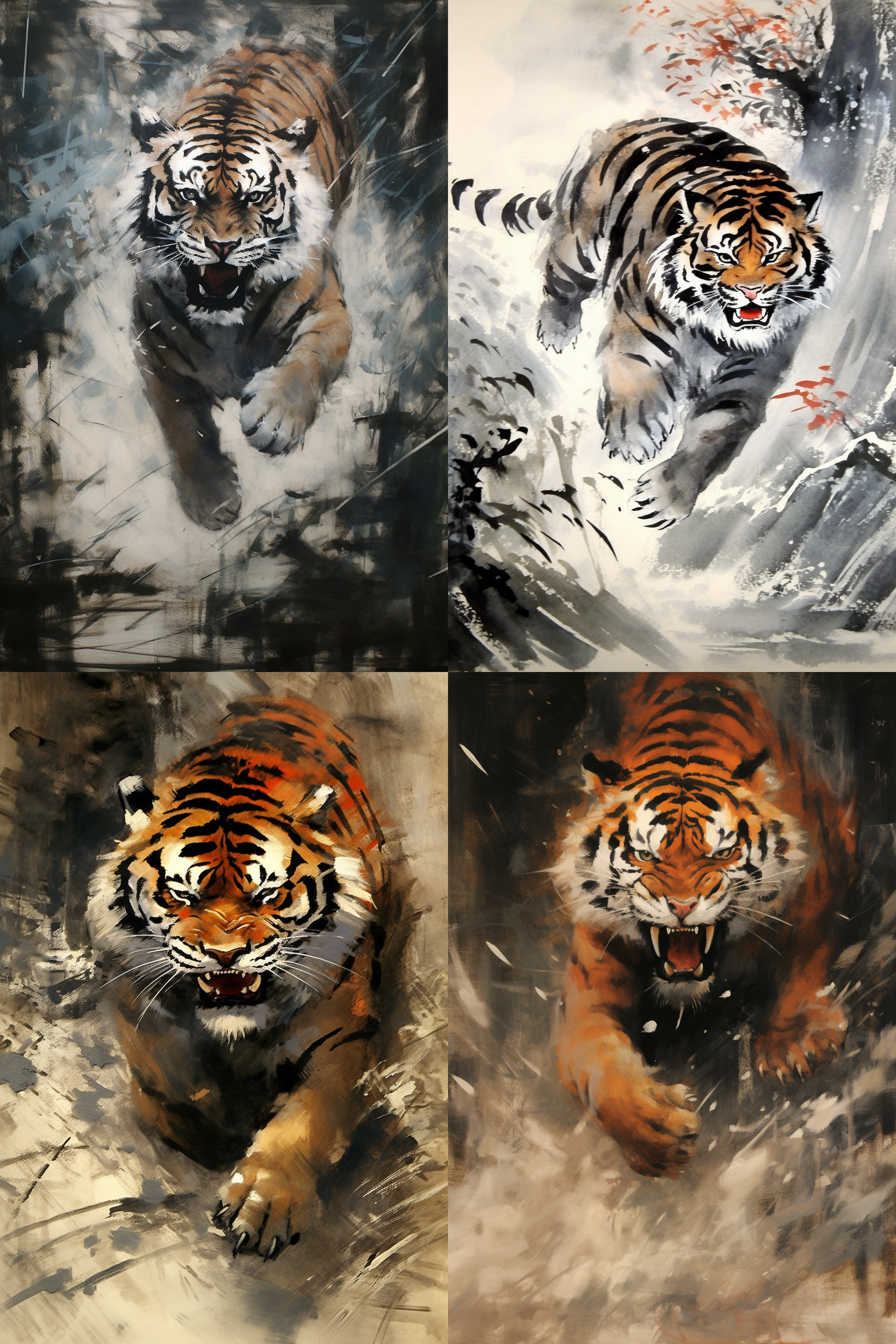 中国画老虎正面冲来，泼墨写意，笔触奔放，大胆，中央构图，冲击力强，黑白灰水墨效果，动态捕捉，深浅对比，自然环境，威猛表情，传统与现代结合。