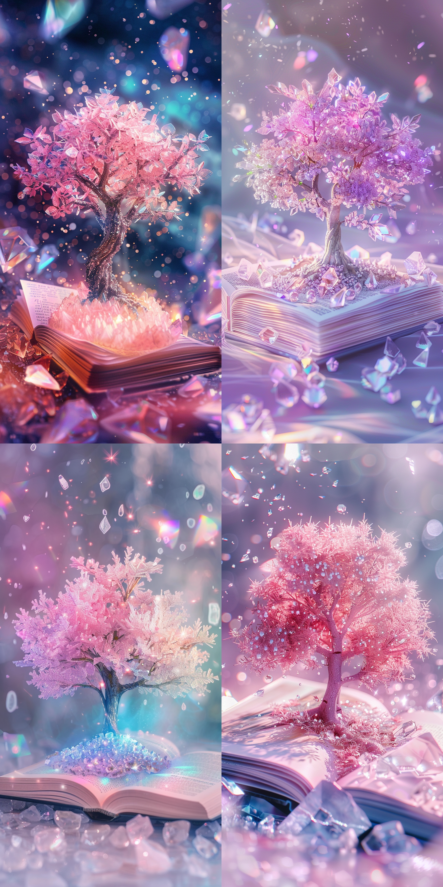 粉色梦幻彩虹树，高清晰度，魔法书上，周围环绕闪亮冰晶，仙气飘渺，粉彩风格，柔和光线，广角镜头，低饱和度，平静安宁。