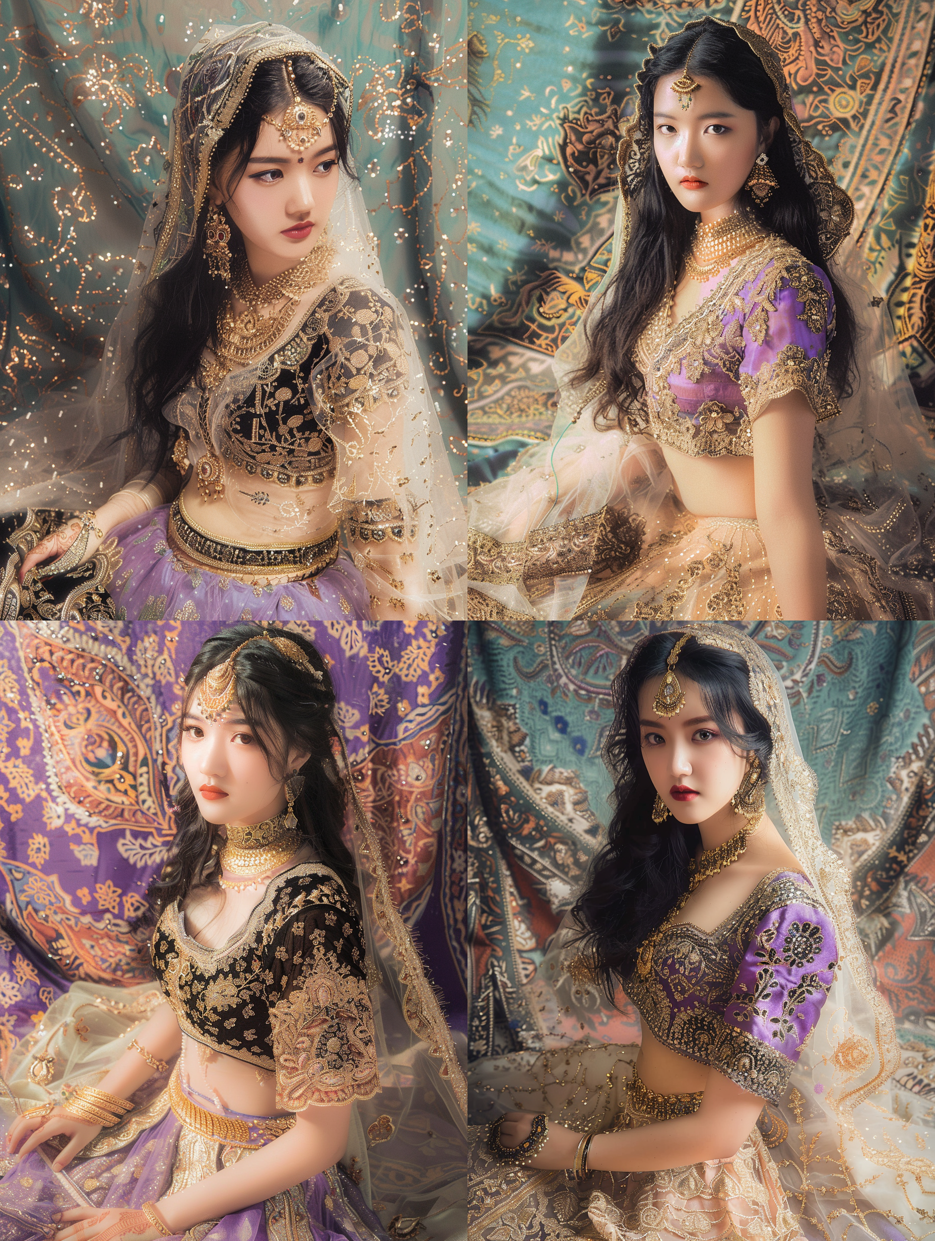 印度风女子，漏肚脐，油画质感，朦胧光影，柔和色调，静谧神秘，半身像，侧脸，长裙，金色饰品，室内，自然光，柔焦，低饱和，沉思。