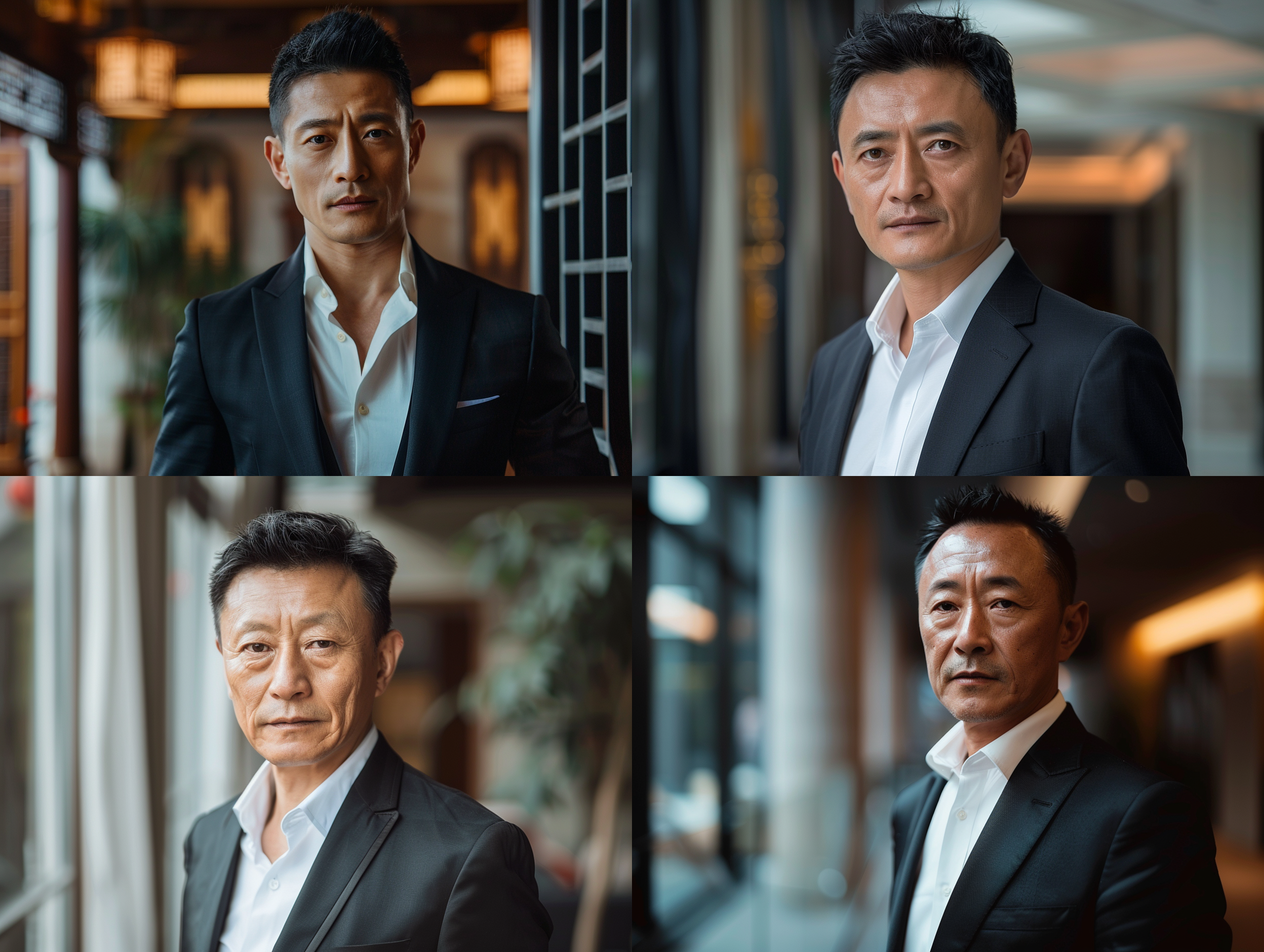 50岁中国男子，年轻英俊，黑色短发，都市精英，面容精致，身材高壮，黑色西装，白衬衫，室内背景，长焦镜头，正脸，高清16k，明亮色调，细节丰富，高对比度，侧光，静谧氛围，柔和光线，贵族姿态，优雅氛围，静谧表情，细腻皮肤质感。 贵族风