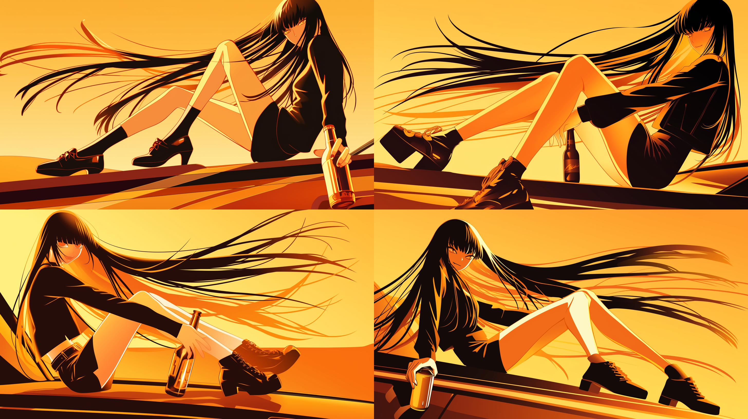 美女坐在车盖上，特写镜头，红黄色调，明亮光线，美女长发飘扬，笑容灿烂，啤酒瓶旁，速度感，动感模糊，逆光，喜悦表情，运动风格，矢量风格，矢量美。 全身 主观视角 低角度 波尔卡风格