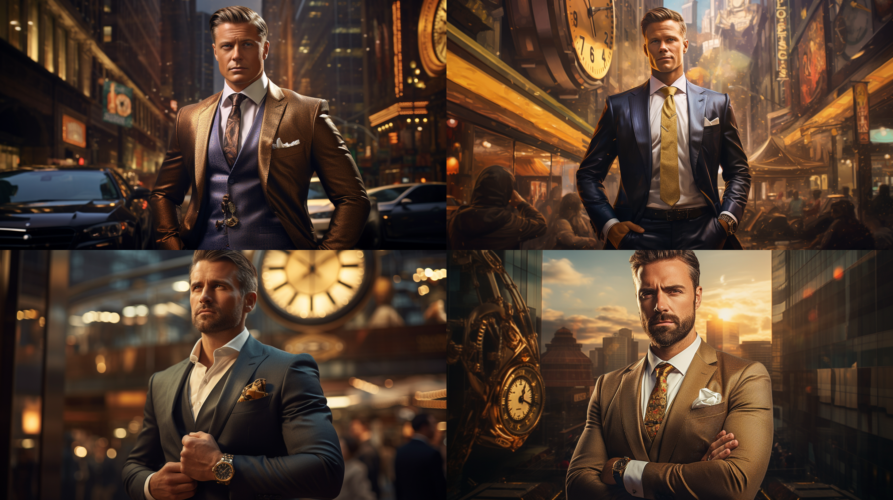 一个45岁成功男士，西装革履，金手表。背景豪华高楼大厦，车水马龙