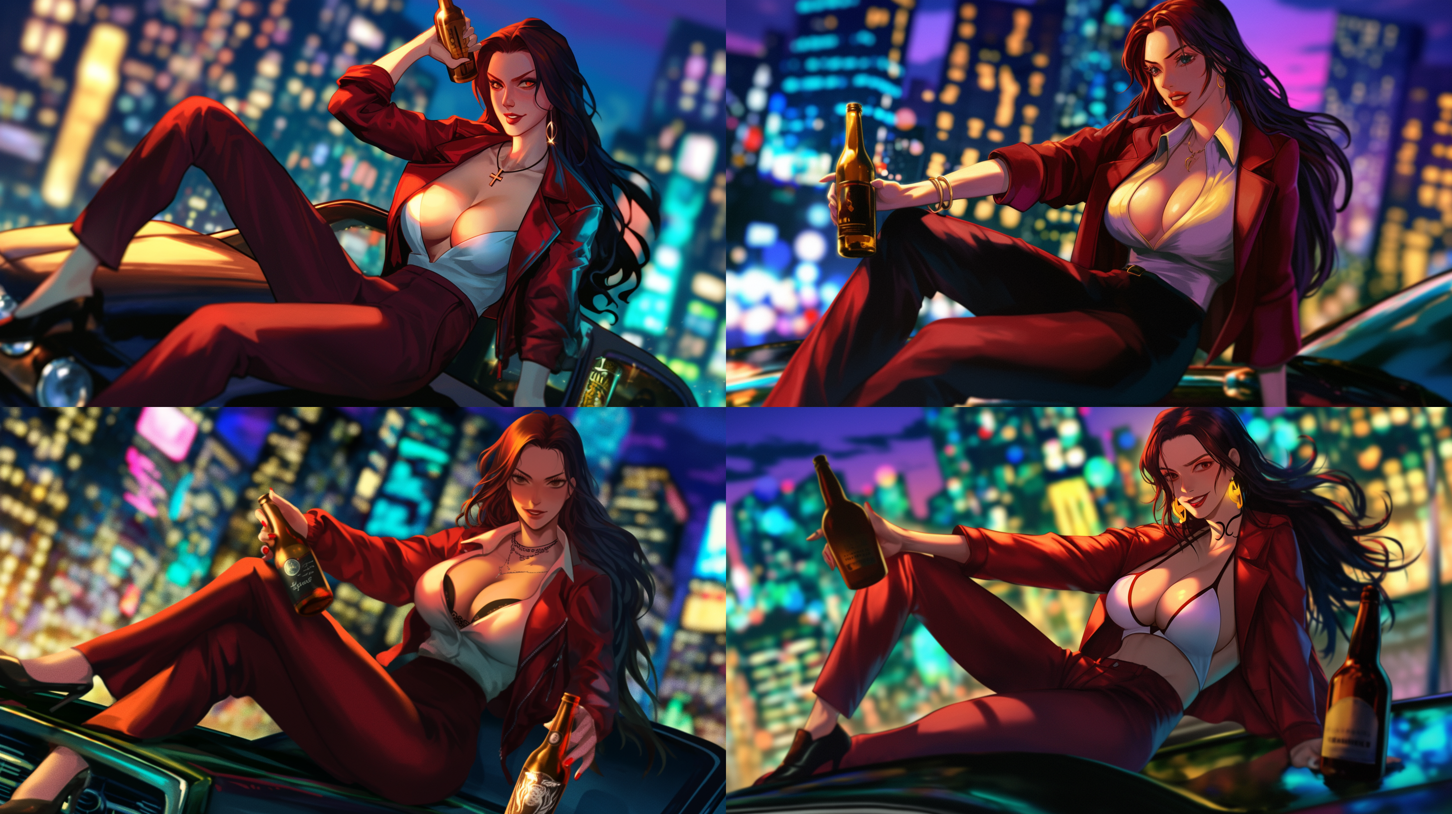 美女坐在车盖上，特写镜头，红黄色调，明亮光线，美女长发飘扬，笑容灿烂，啤酒瓶旁，速度感，动感模糊，逆光，喜悦表情，运动风格，矢量风格，矢量美。 全身 主观视角 低角度 波尔卡风格