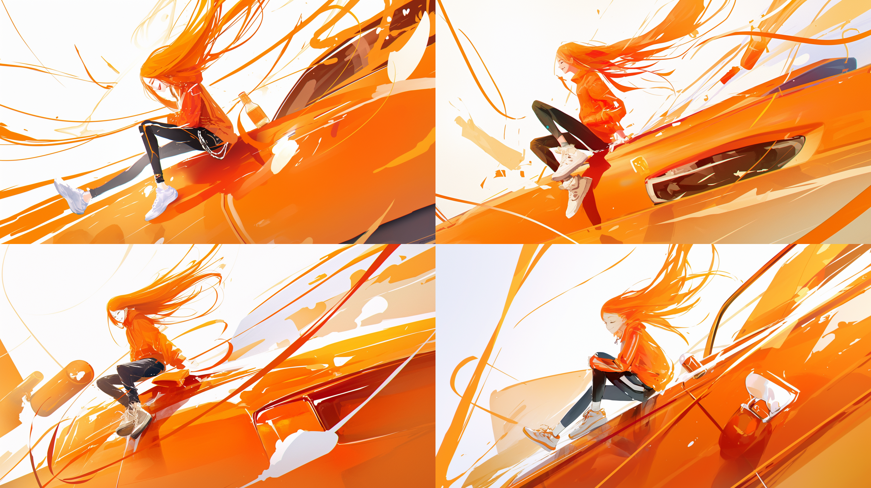 美女坐在车盖上，特写镜头，红黄色调，明亮光线，美女长发飘扬，笑容灿烂，啤酒瓶旁，速度感，动感模糊，逆光，喜悦表情，运动风格，矢量风格，矢量美。 全身 主观视角 低角度 波尔卡风格