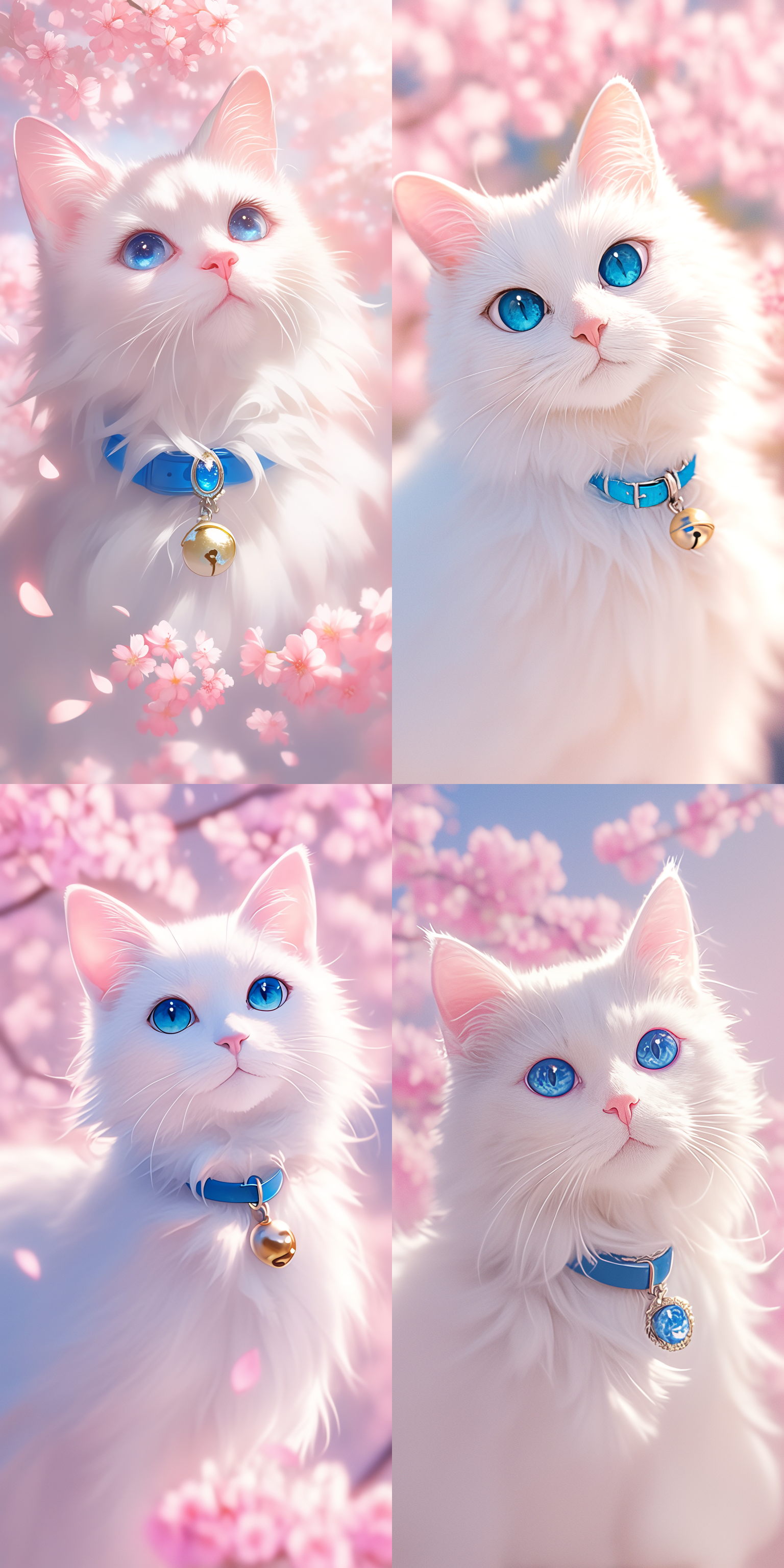 白色长毛猫，蓝色眼睛，戴蓝项圈金铃铛，直视镜头，表情好奇，背景粉色樱花模糊，春天氛围，特写，暖色调，柔焦，甜美。