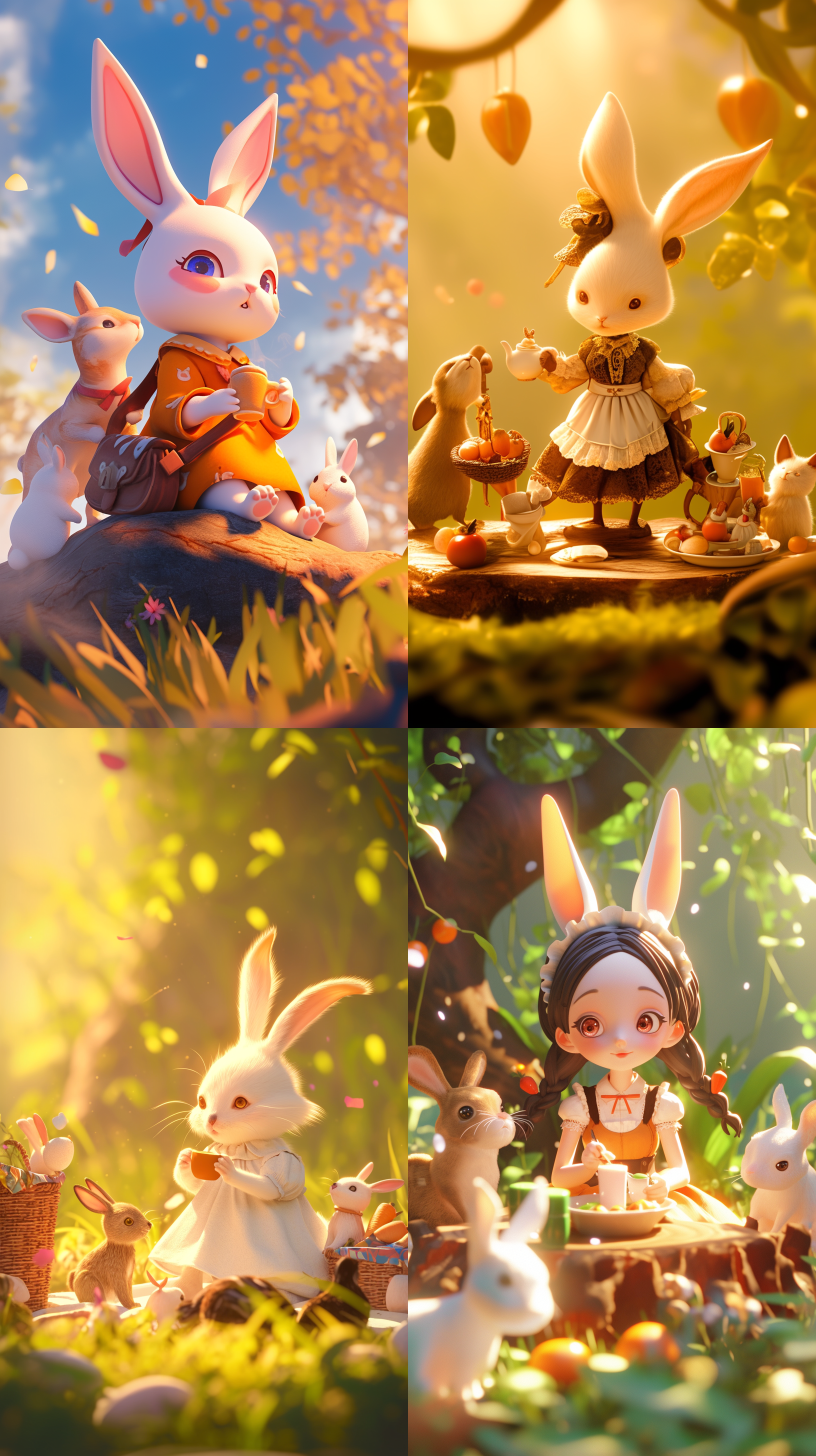 小兔子穿衣服，森林里与动物围坐吃点心，春天氛围，特写，柔焦，甜美，卡通立体可爱 3d 渲染，细节清晰，背景弱化，最佳质量，超细节，高清，超高质量。