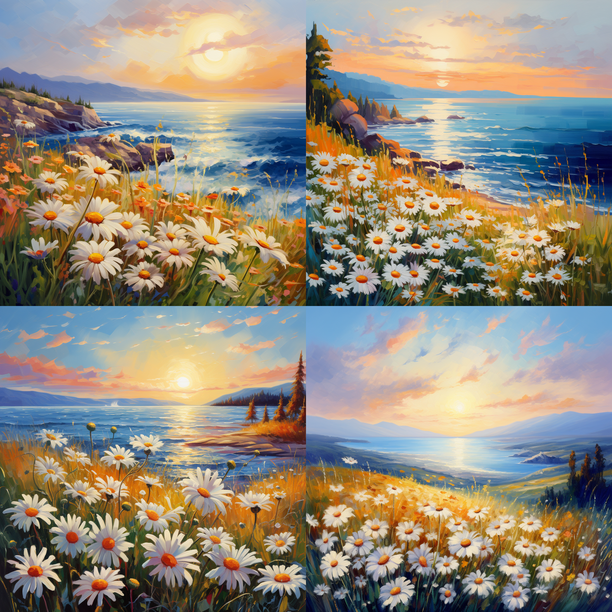 草原雏菊盛开，大海平静蔚蓝，太阳升起渲染橙红色天空，油画风格，全景构图，温暖色调，远景镜头，柔和光线。