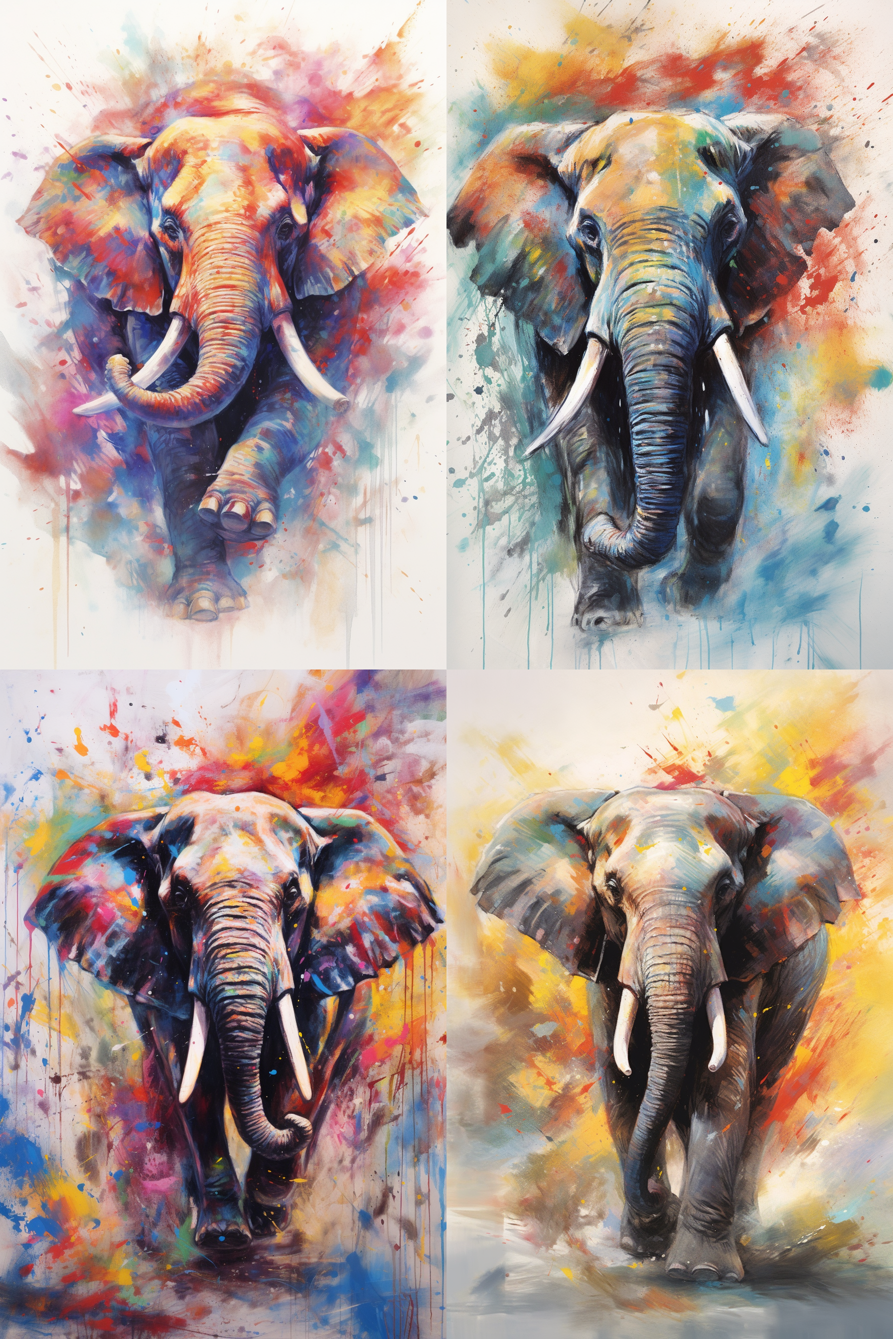 大象正面冲来，泼墨写意，多彩红蓝黄，笔触奔放，动态强烈，中国画风格，正面视角，大胆色彩，快速笔触，动感十足，传统与现代结合。