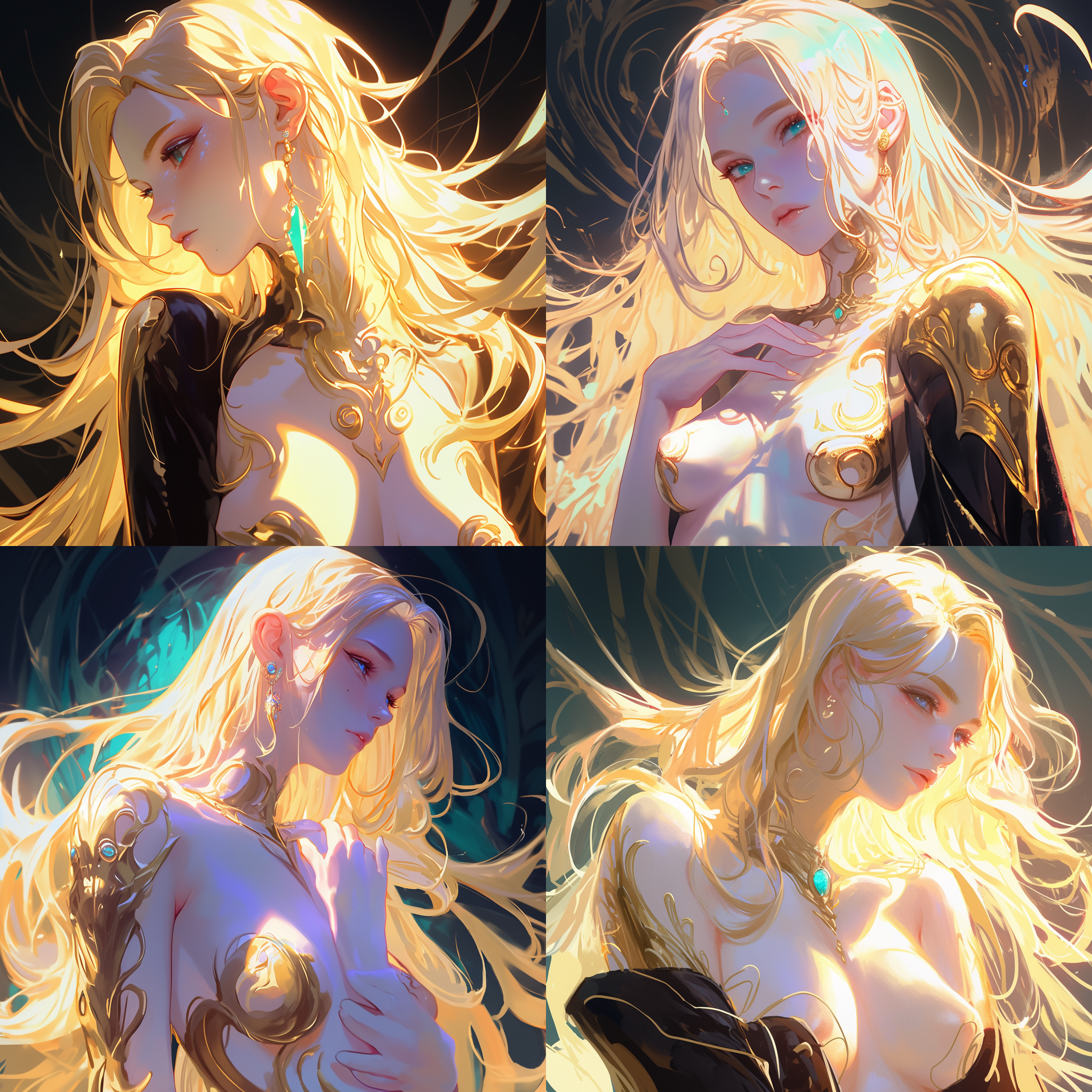 rossdraws global illumination, elegant gold skin, inspired by jan tengnagel, banshee, wlop : : 5, inspired by jorge jacinto, extremely long blond hair, cold color scheme, james jean aesthetic, luxurious theme, loosely cropped, panel of black, anime 4 k, opal