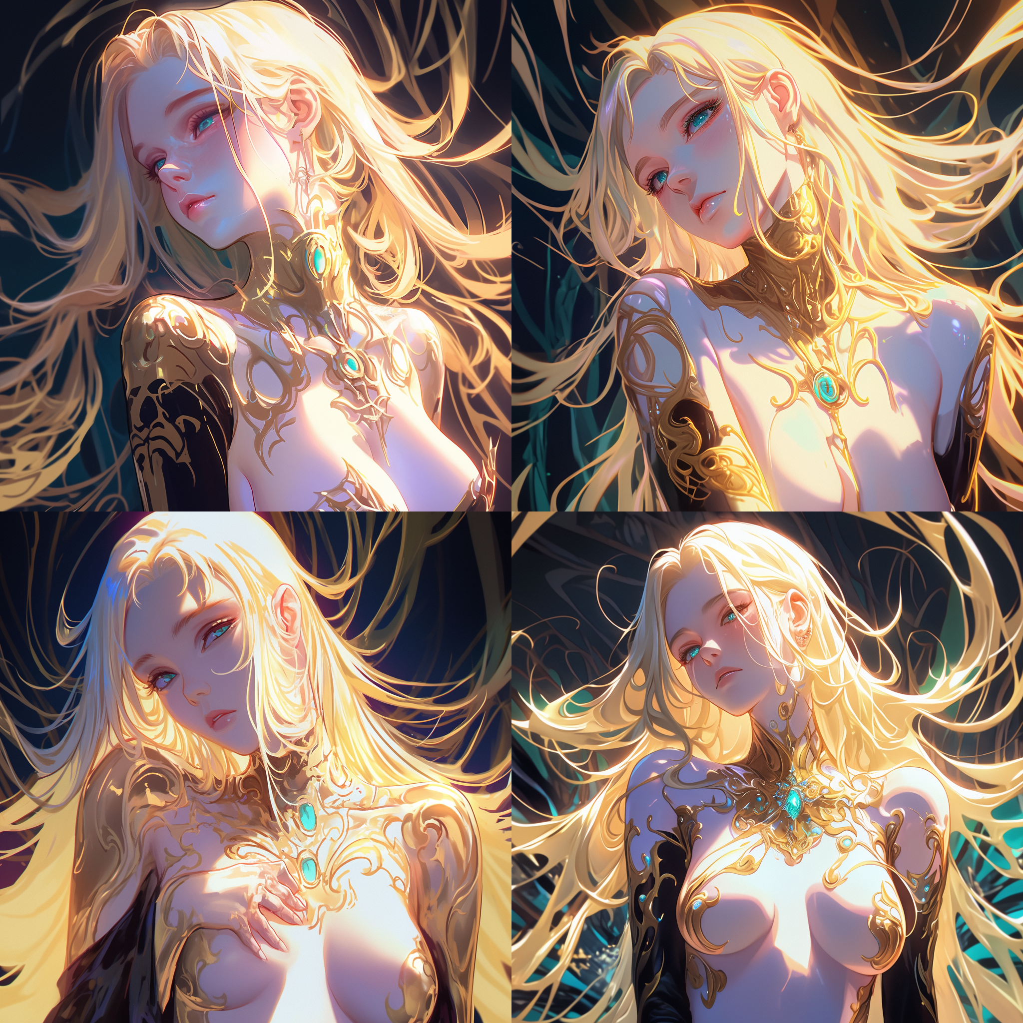 rossdraws global illumination, elegant gold skin, inspired by jan tengnagel, banshee, wlop : : 5, inspired by jorge jacinto, extremely long blond hair, cold color scheme, james jean aesthetic, luxurious theme, loosely cropped, panel of black, anime 4 k, opal