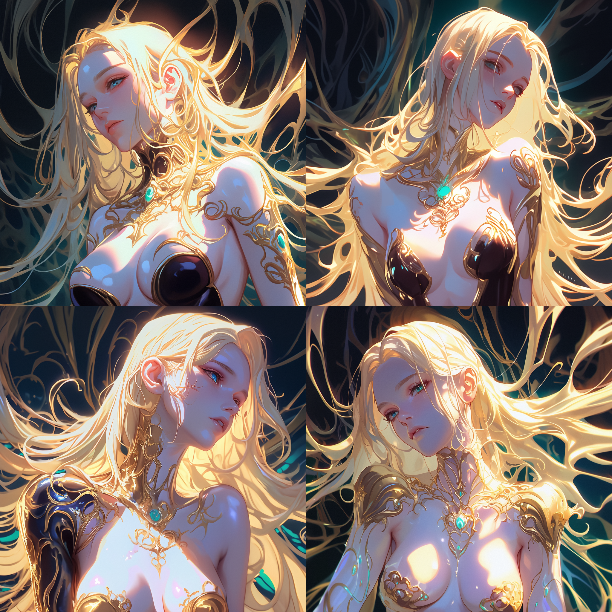 rossdraws global illumination, elegant gold skin, inspired by jan tengnagel, banshee, wlop : : 5, inspired by jorge jacinto, extremely long blond hair, cold color scheme, james jean aesthetic, luxurious theme, loosely cropped, panel of black, anime 4 k, opal