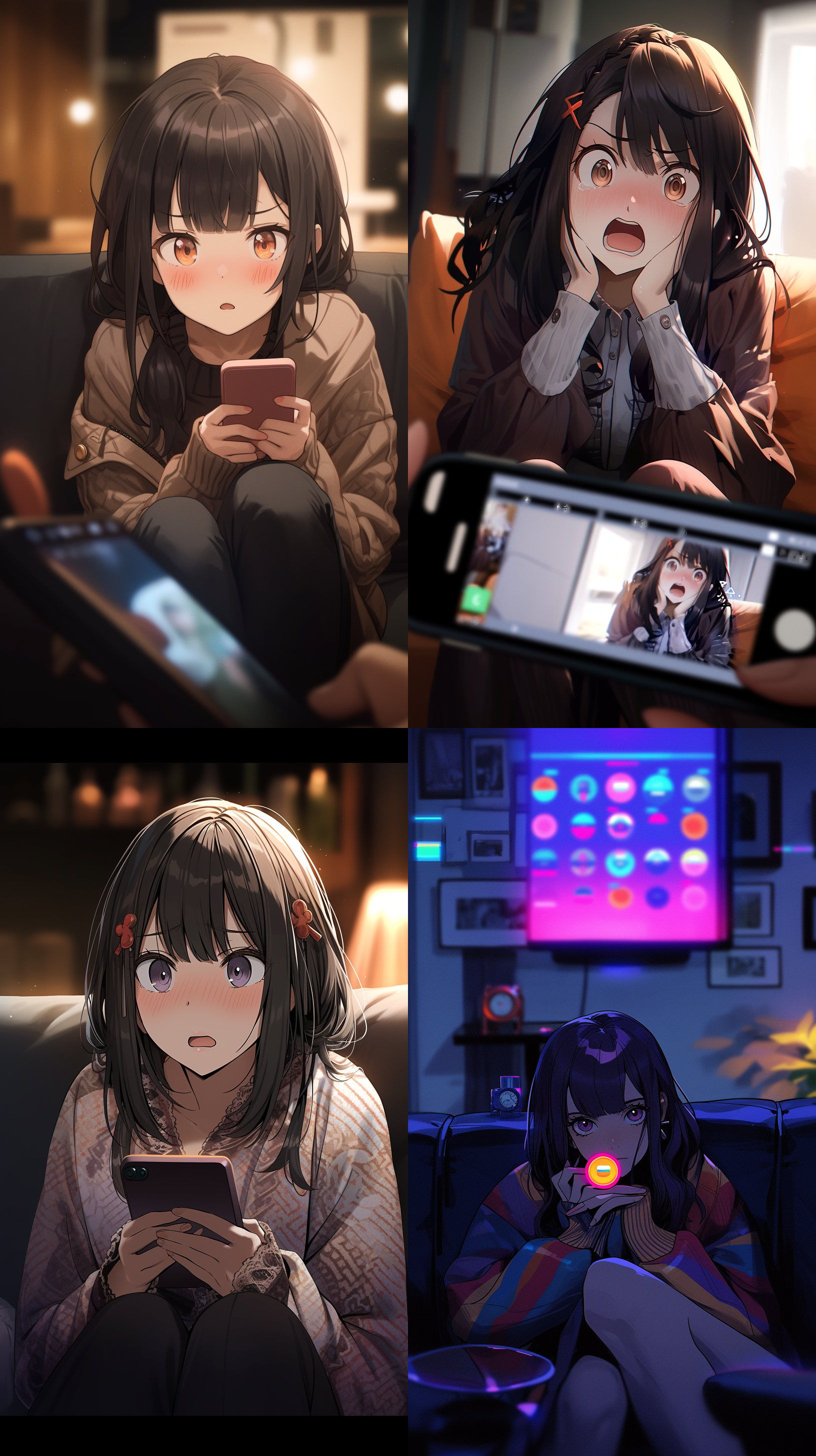 女生坐在沙发上，动漫风格，大眼睛，震惊表情，室内环境，柔和光线，中景，饱和色彩，细节丰富，动态模糊，手机屏幕亮。