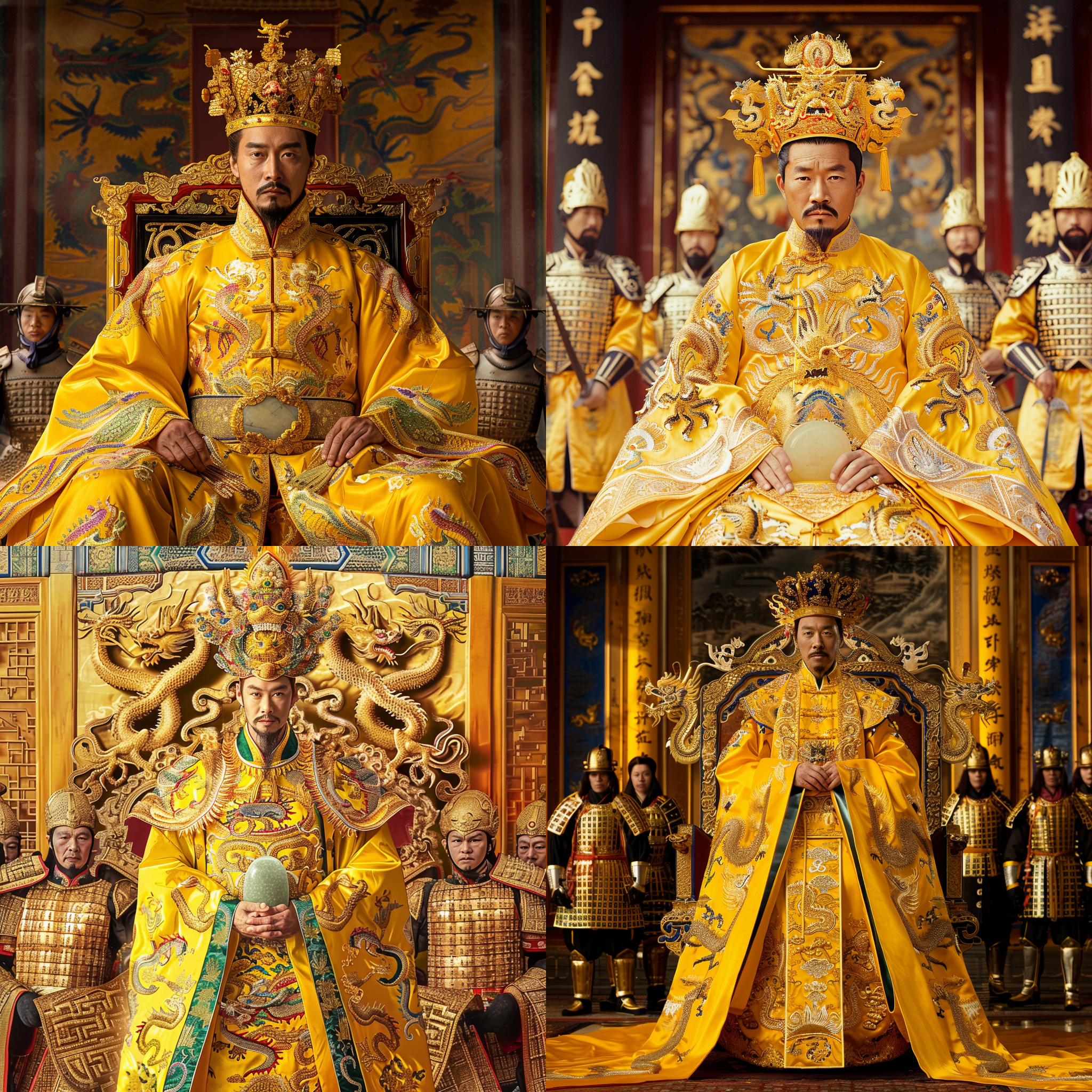 明朝帝王头戴威严的龙头冠，身穿明黄色龙袍，龙袍上绣有五爪金龙，精细的绣工彰显出帝王的尊贵与权威。帝王手持象征权力的玉如意，背景是富丽堂皇的皇宫殿宇，金碧辉煌。周围的铠甲侍卫严阵以待，确保帝王的安全。龙椅后方的龙纹浮雕更是增添了整个场景的庄严肃穆氛围。整个画面充满了明朝宫廷风格，金碧辉煌的皇宫在光照下显得更加辉煌