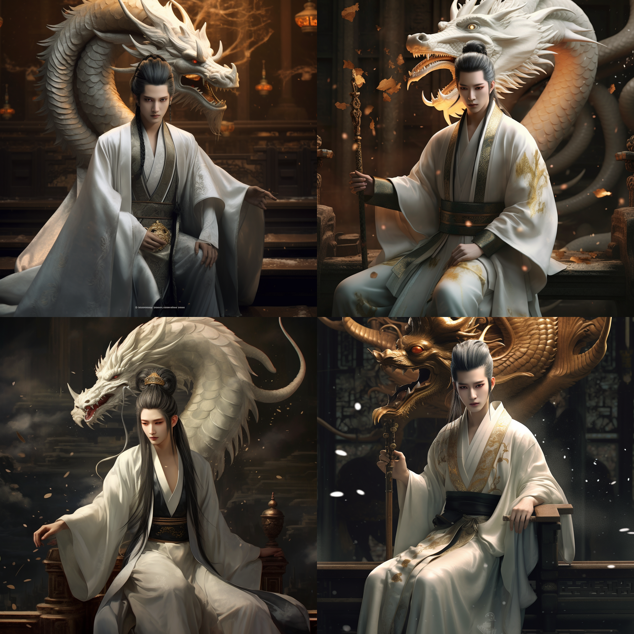 头上长着龙角的帅哥，穿着汉服，黑色巨龙盘卧在身侧，古代宫廷背景，金色白色色系，远景，神秘感，朦胧感，东方色彩，光斑，珍珠，高清 白金 星空 夜光