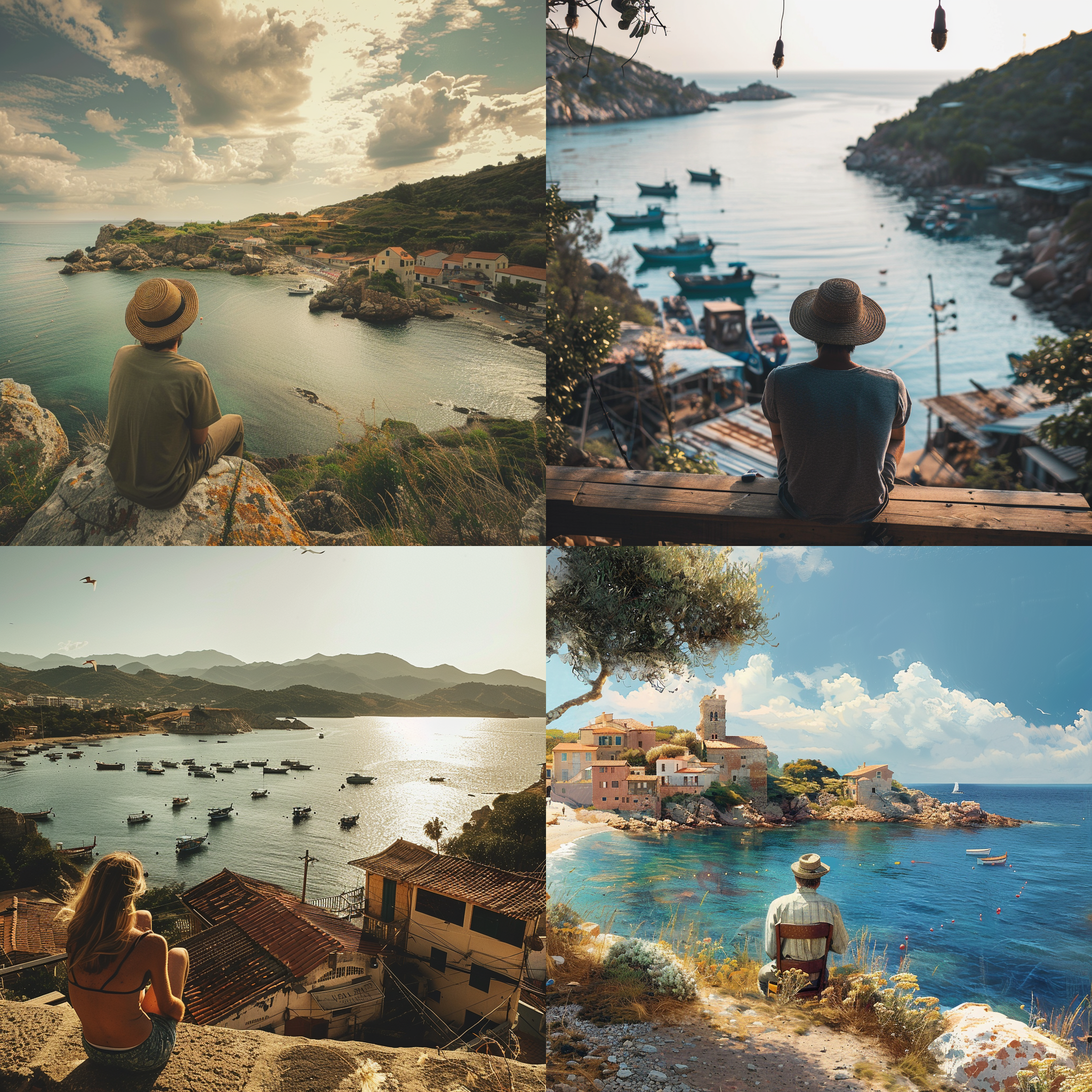 游客在小渔村远望大海，田园风光，宁静氛围，暖色调，广角镜头，自然光，放松，休闲。