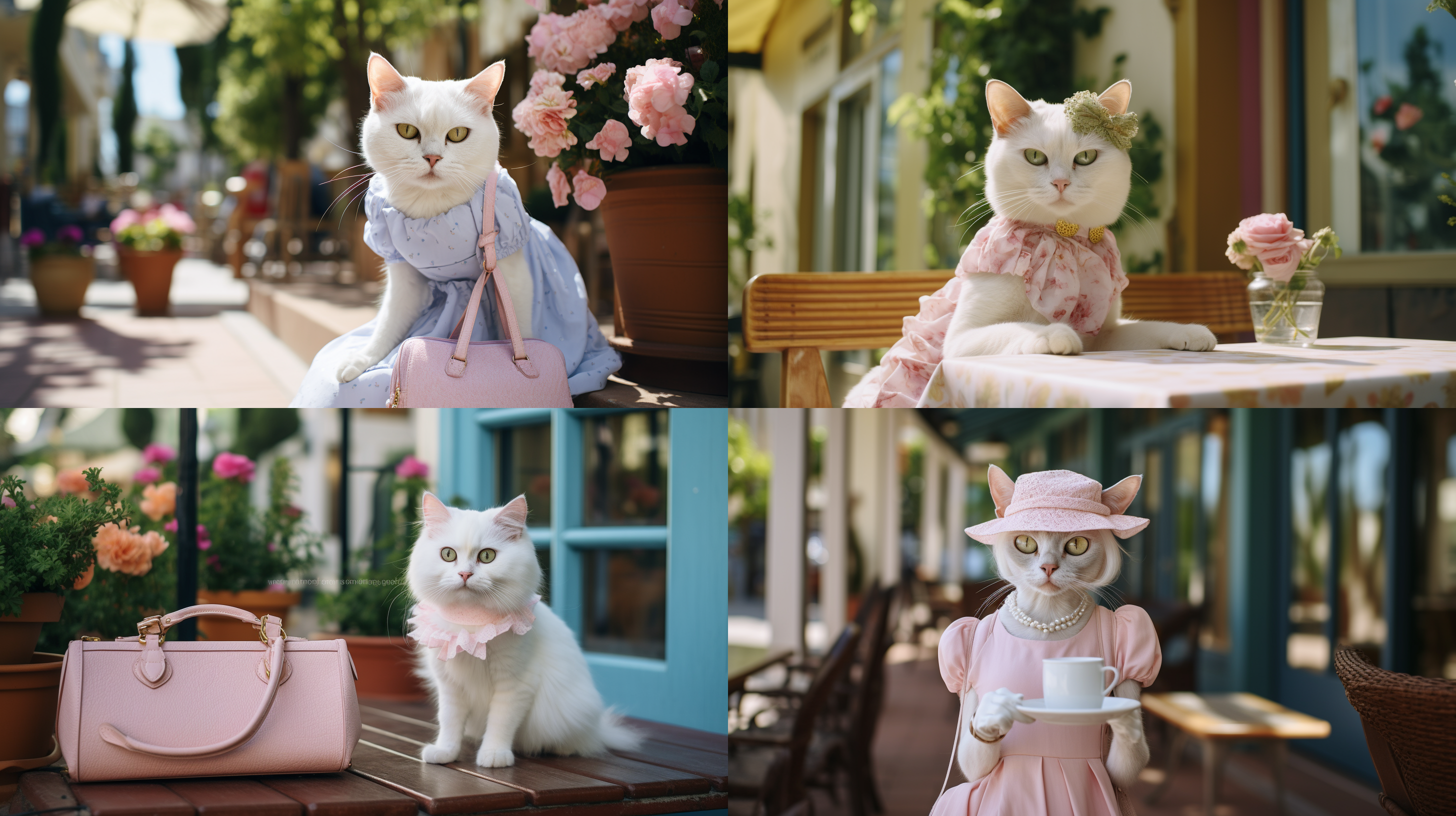a charming anthropomorphic white cat with expressive eyes, dressed in a chic summer ensemble: a pastel-colored sundress, a fashionable headband, and ballet flats. the cat stands elegantly, holding a small purse, against a sophisticated outdoor café backdrop with stylish furniture and flowering plants. shot with a leica m10 and summilux-m 50mm f/1.4 asph lens, aperture f/2.0, shutter speed 1/125s, iso 160. soft, dappled lighting adds a serene and inviting atmosphere. inspired by the elegant photography of richard avedon.