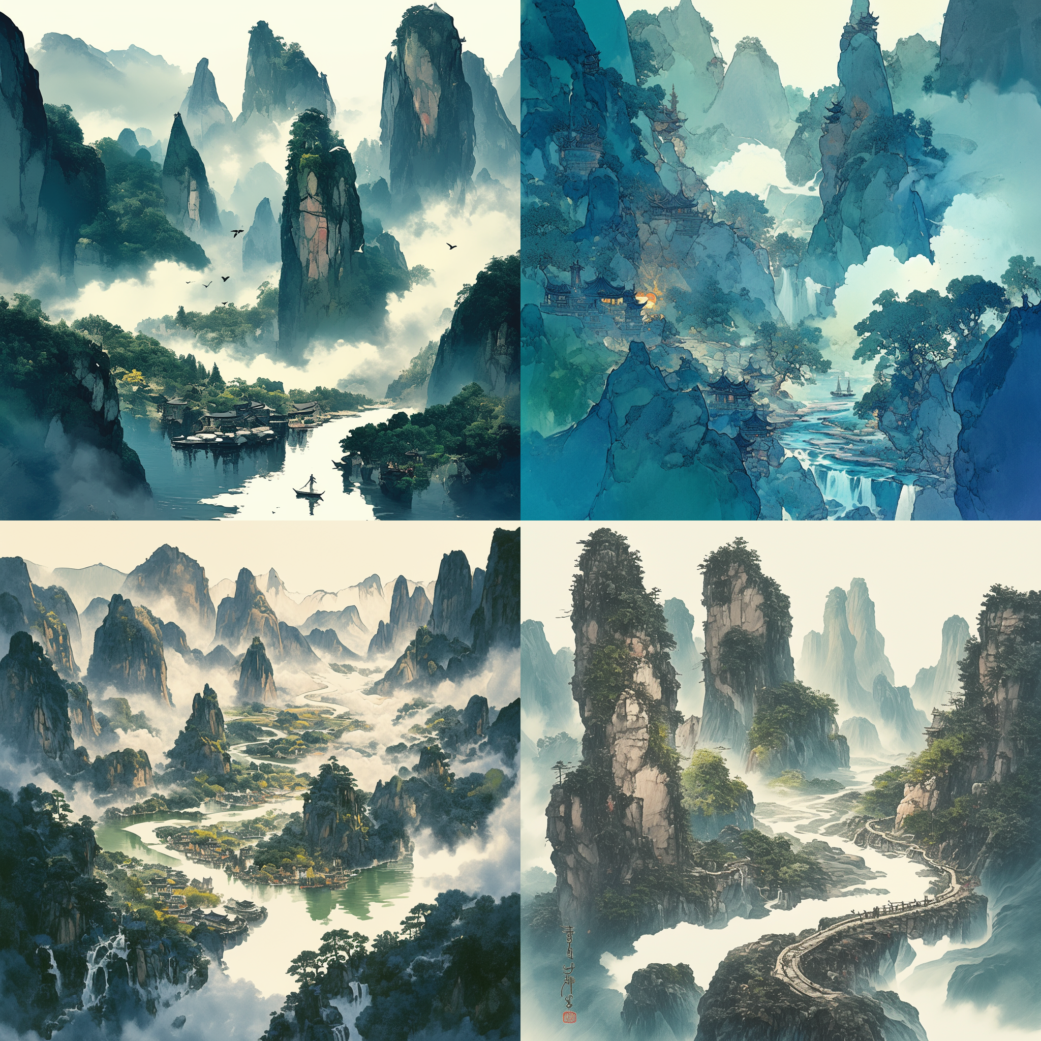 一幅壮丽的山水画，天门山雄伟耸立，楚江蜿蜒如绿带，中国山水画，细节丰富，绵延千里，绿金相间，古雅风格，宁静永恒，传统艺术，细节丰富，水墨效果，柔和灯光，平静祥和，动画艺术风格。