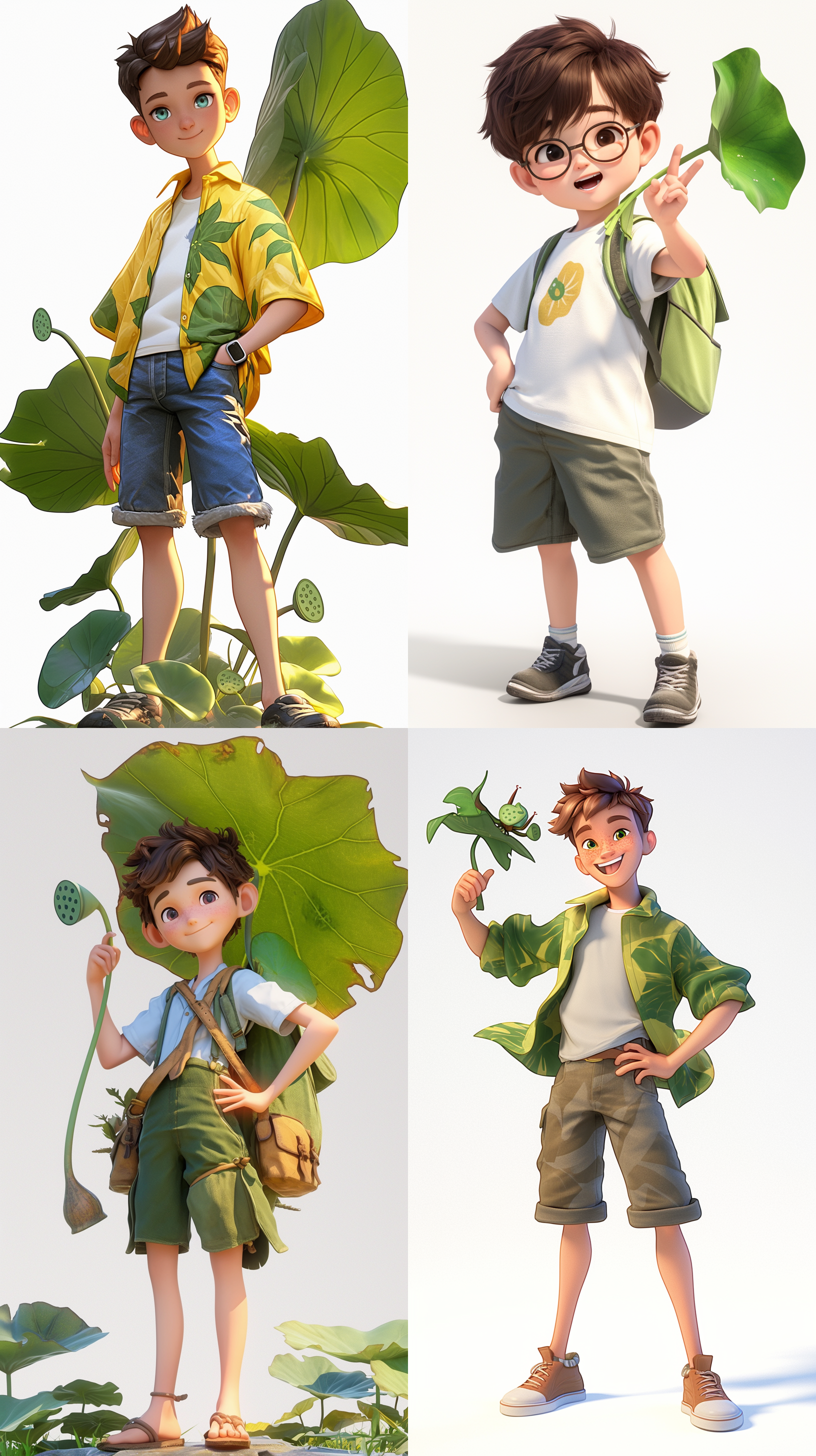 q版卡通ip青年男，3d模型，白色背景，明亮色调，细节丰富，荷花，荷叶，莲蓬，装饰元素，充满活力，完整展示，夏季元素。 卡通风格，高清晰度，正面构图，鲜艳色彩，逼真质感，镜头聚焦，柔和光线，微笑表情，生动活泼，荷叶状服饰，童趣。