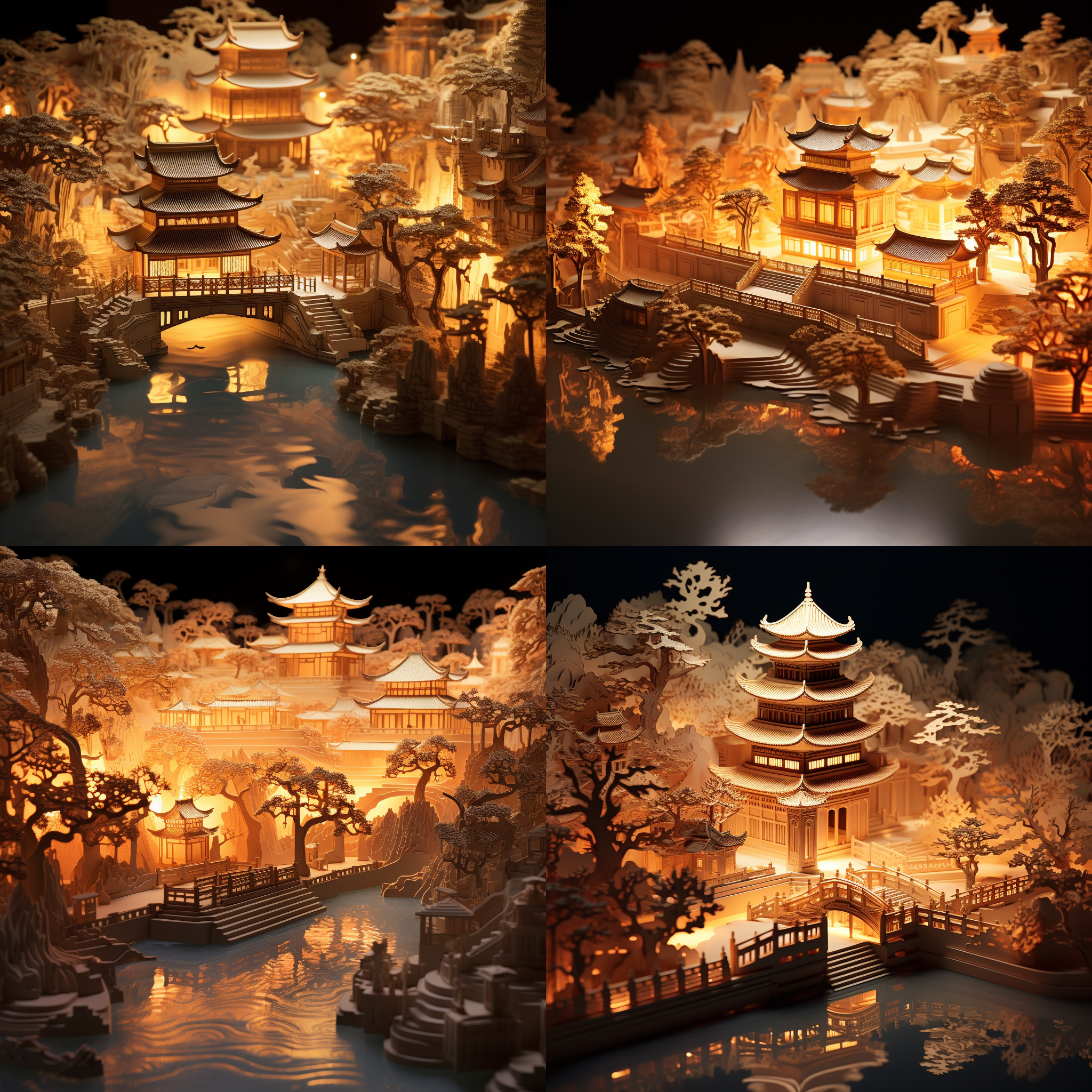 纸艺模型，紫禁城，发光屏幕，航海图，杭州，juliette leong作品，美丽照明，流动光线，木刻，dribbble风格，浮雕雕塑，日本深度旅行探索，树木与河流，漫画分镜，发光蜡烛，博客照片，平安时代。