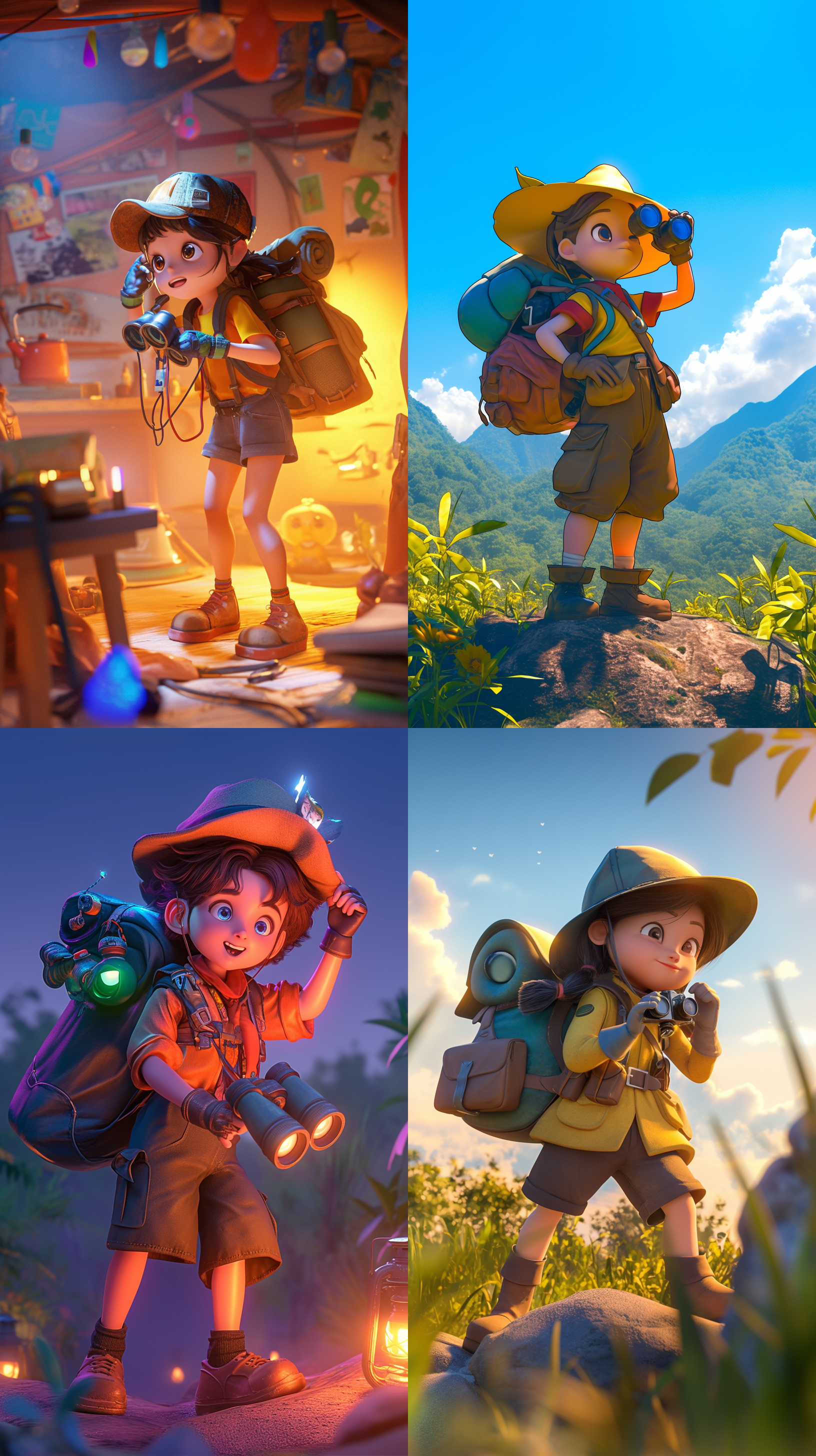 小杰准备出发，探险帽望远镜背包，迪士尼风格，3d 立体感，鲜艳色彩，立体光影，活泼表情，动态捕捉，广角镜头，自然光，高清，最佳质量。