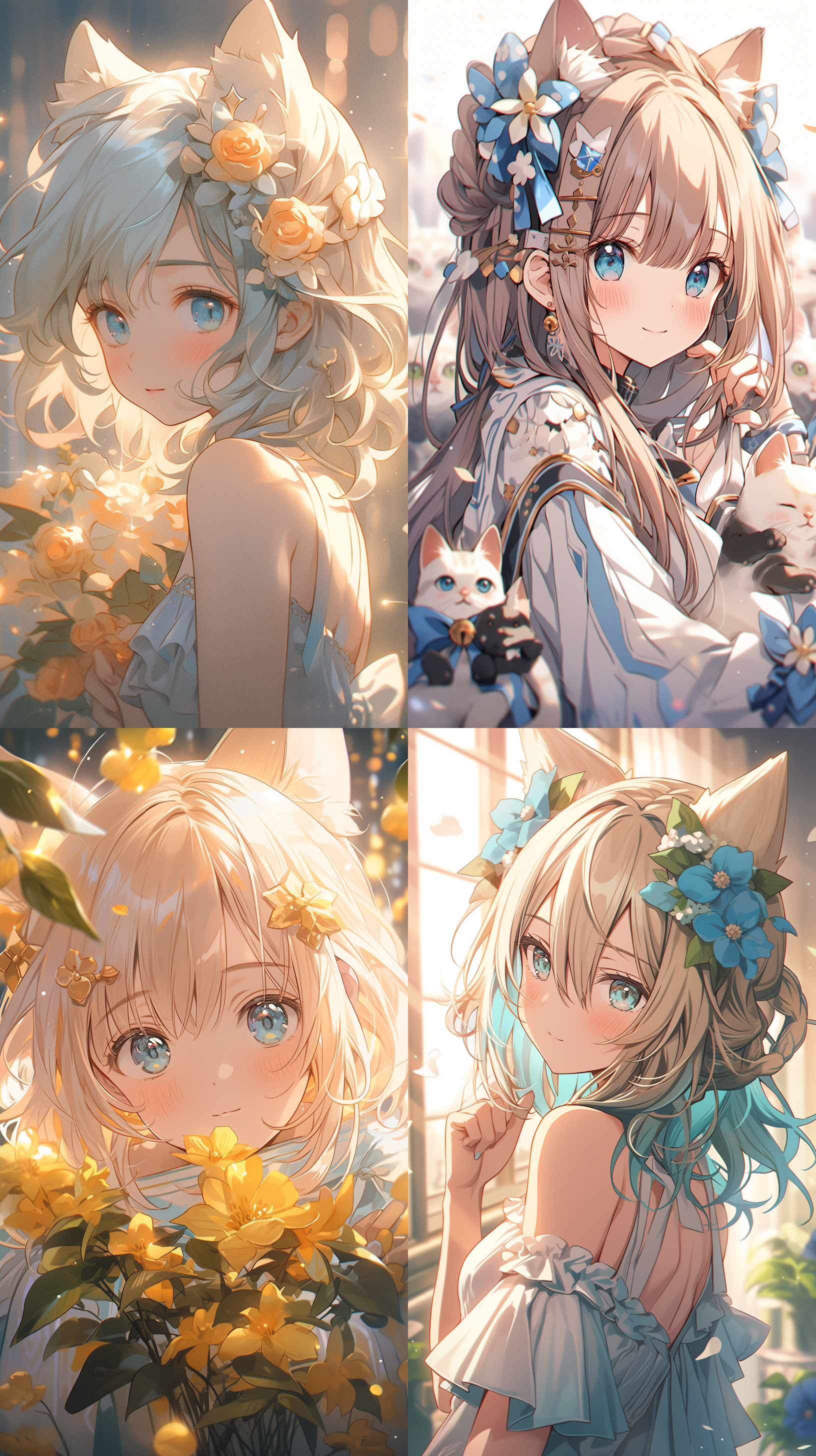 漂亮猫娘，金色短发齐肩，绿宝石瞳孔特写，梦幻蓝色氛围，高光，悬浮蓝色花瓣，背景虚化，柔和光线，特写镜头，鲜艳色彩，神秘感，温柔表情。