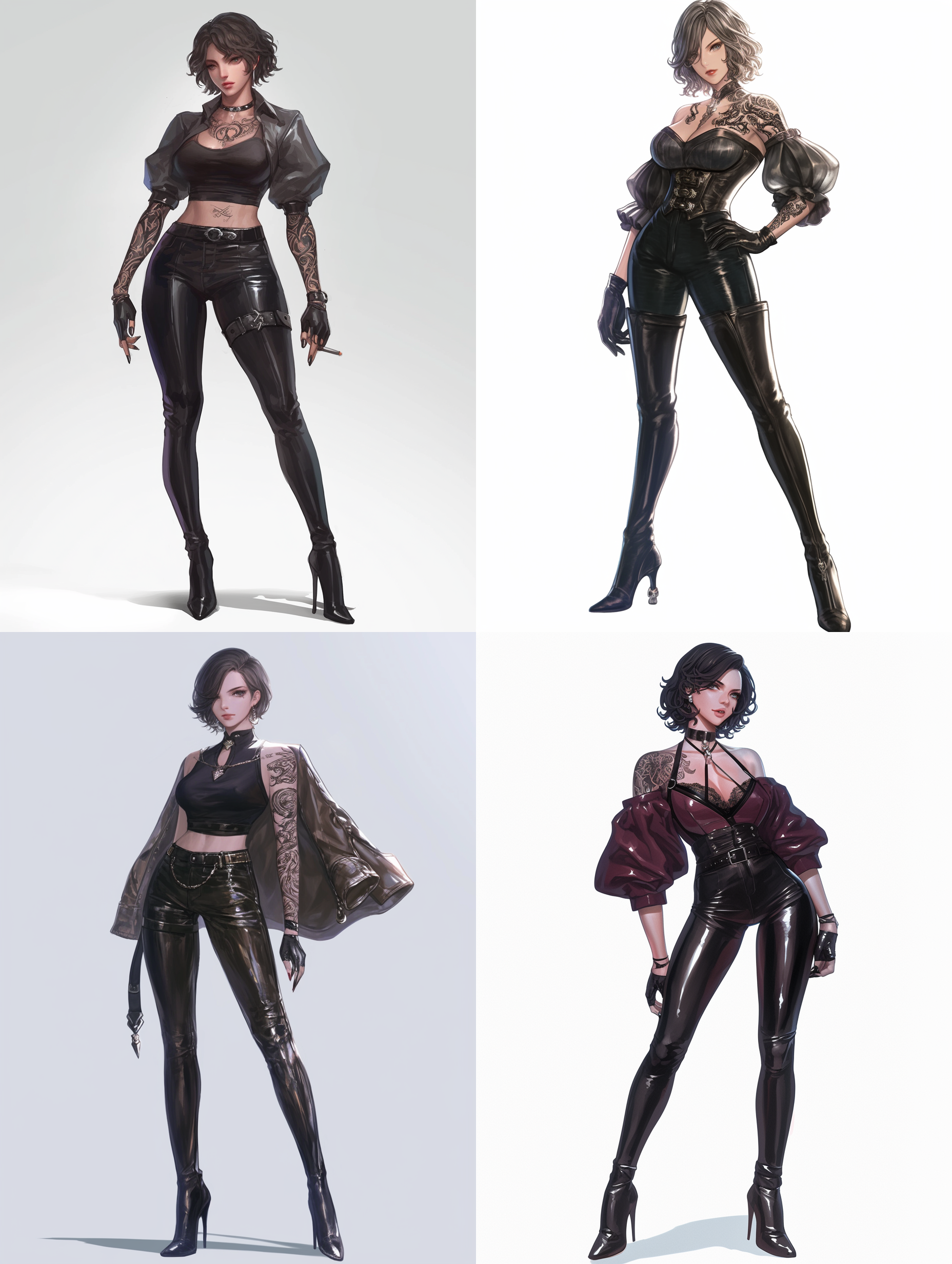 美女，s型身材，波浪短发，紧身衣，过膝长靴，皮裤，高跟鞋，纹身，站立，全身照，追求细节，8k