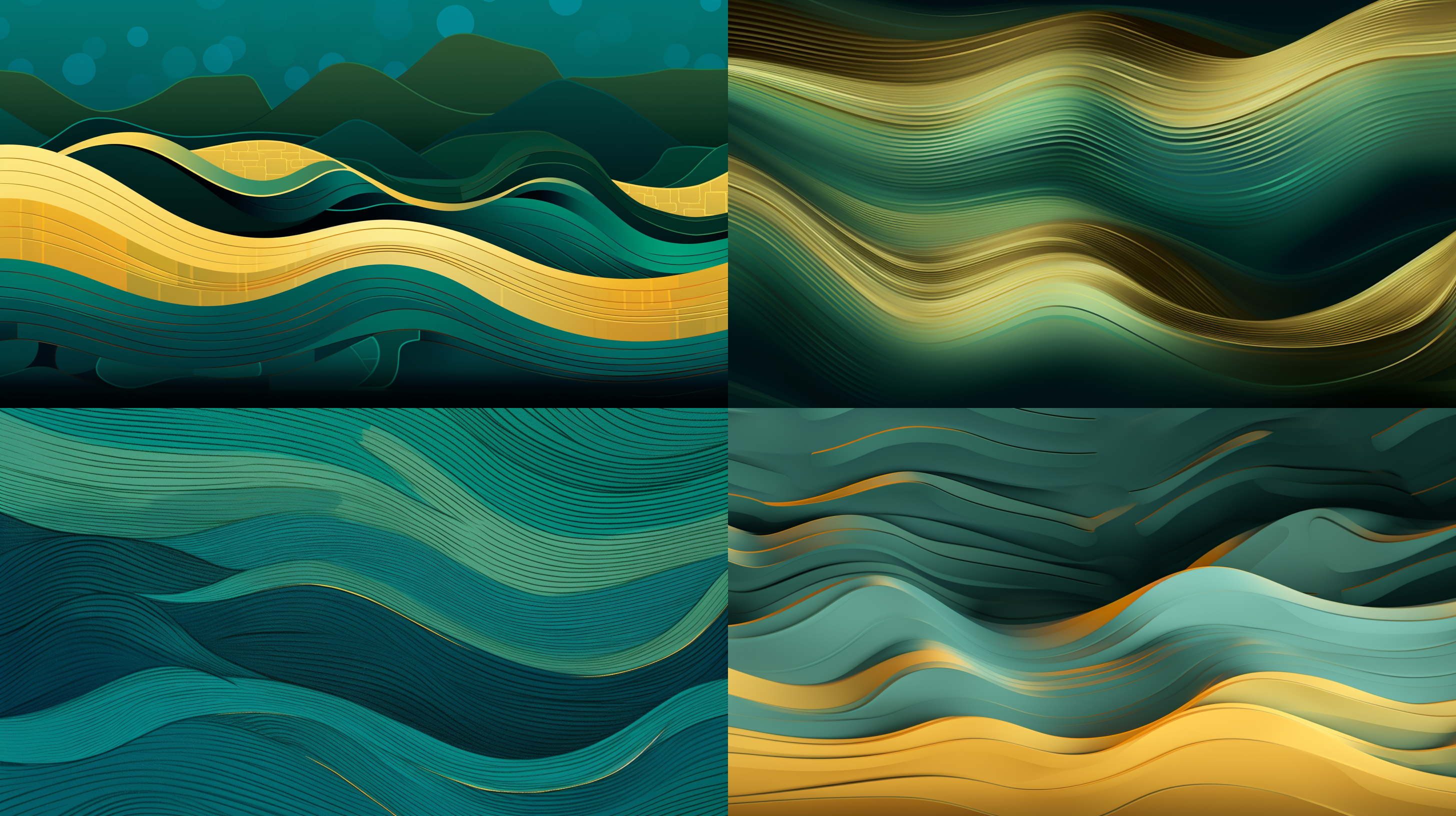 蓝绿色背景上金色边缘的山野图案，抽象艺术风格，简约大气，波浪动态，金属质感，冷暖色调对比，光影效果，细节丰富，平静与动感并存，视觉冲击力强。