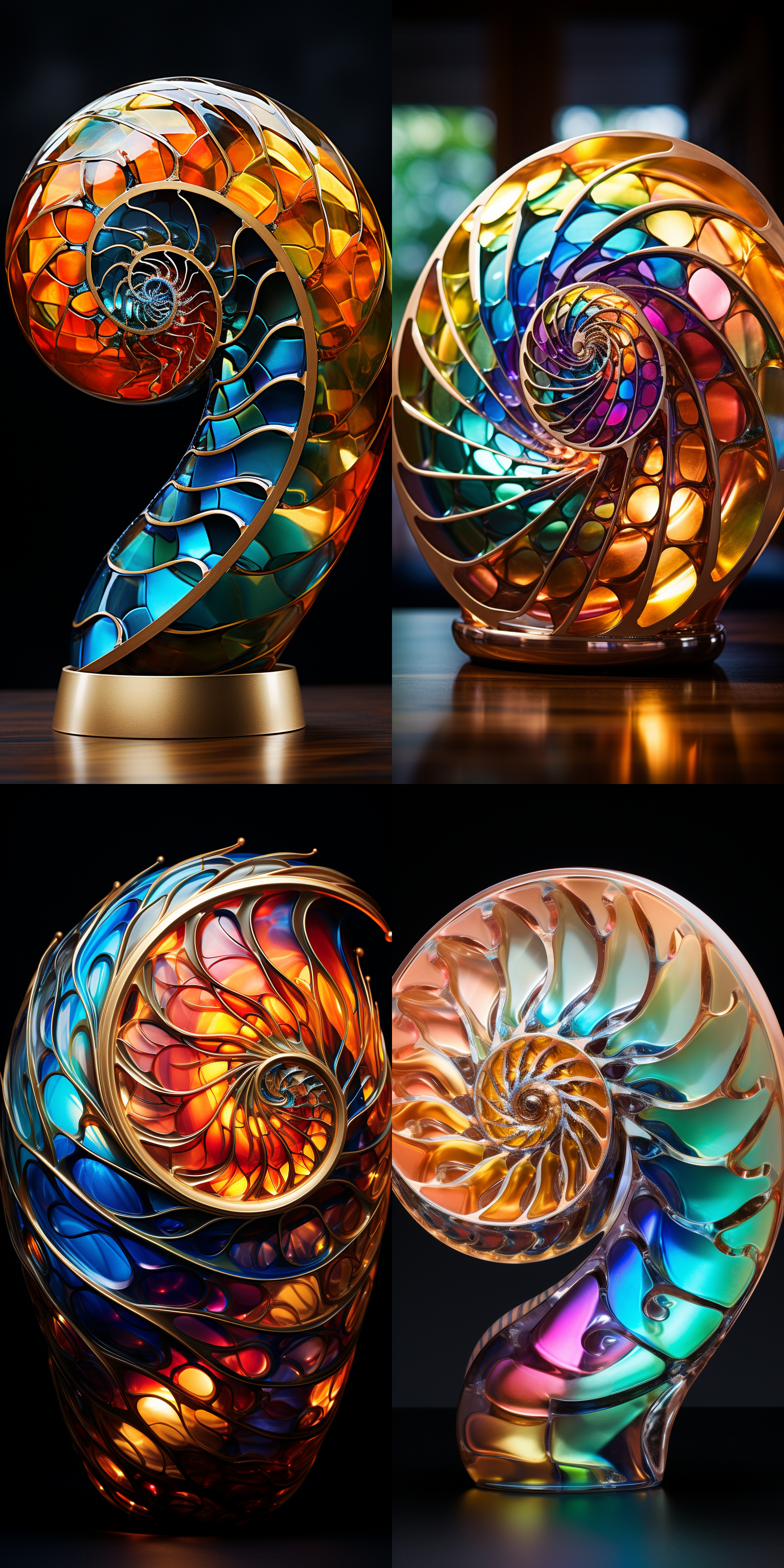 鹦鹉螺，色彩丰富亮丽，表面金属光泽，纹理清晰，纯净黑色背景，黄金比例构图，长焦镜头，高对比度，8k分辨率，超高清，充满魔幻，蕴含艺术感，让人遐想。