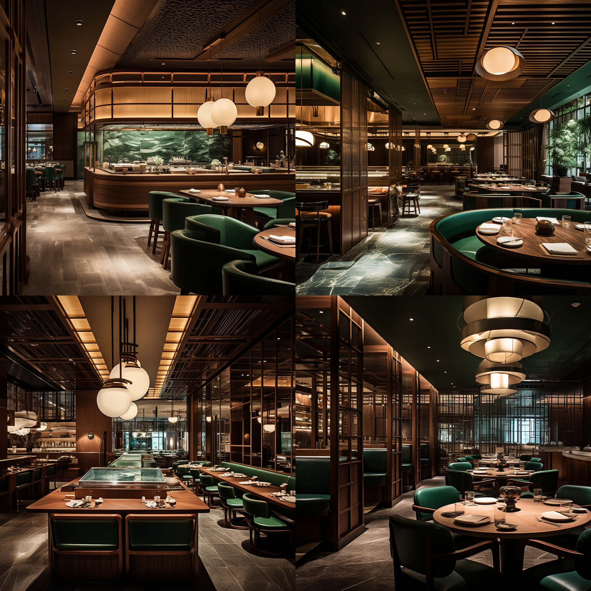 新荣记粤菜高级餐厅，600 平米，明档蒸包子，石材、木饰面、皮革墙面，吊顶与射灯，宝石绿与胡桃木色调，精致高雅。