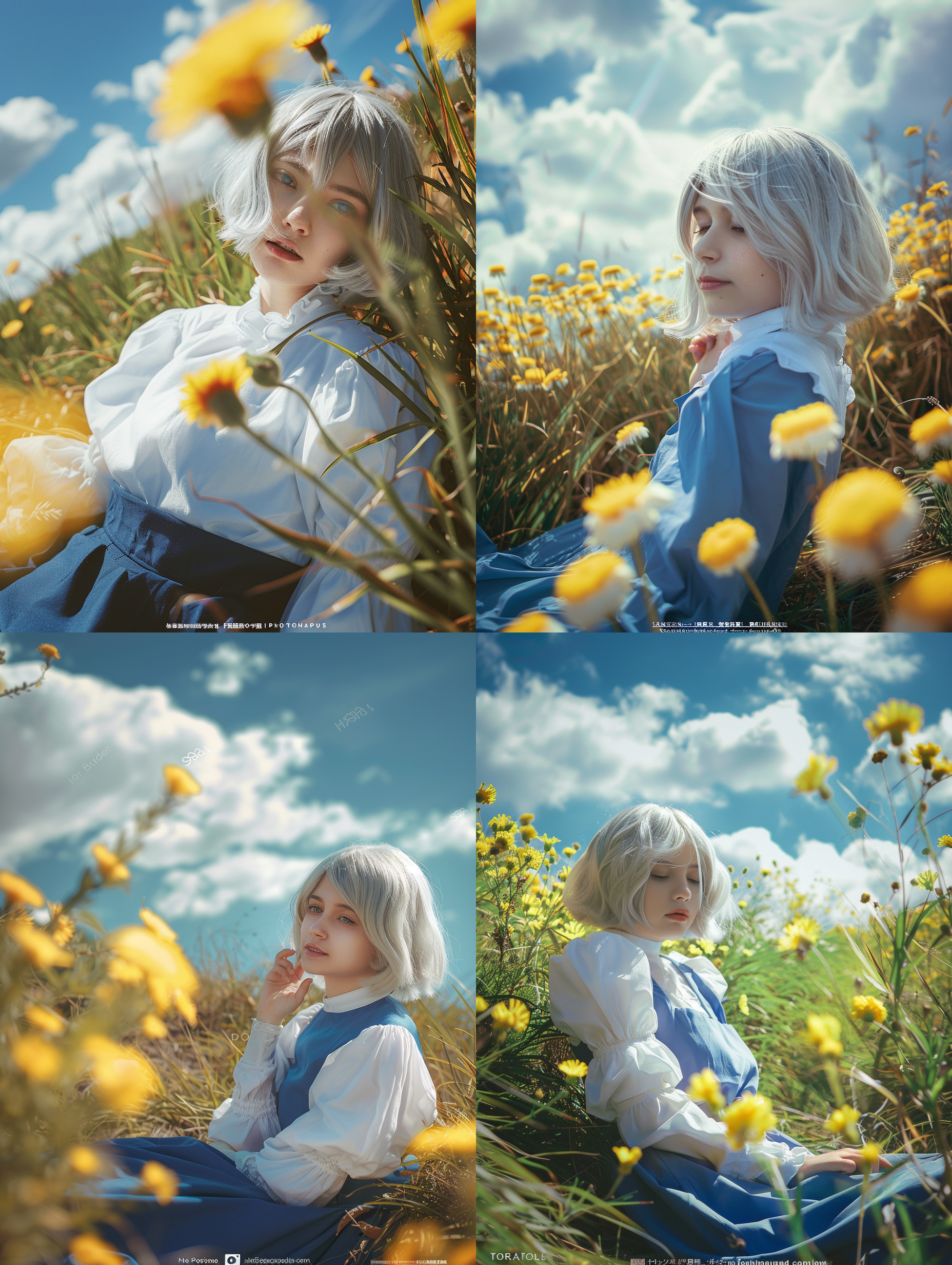 苏菲躺草地望云，云朵文字飘过，柔和光线，广角镜头，自然色彩，宁静氛围，低角度拍摄，微风轻拂。