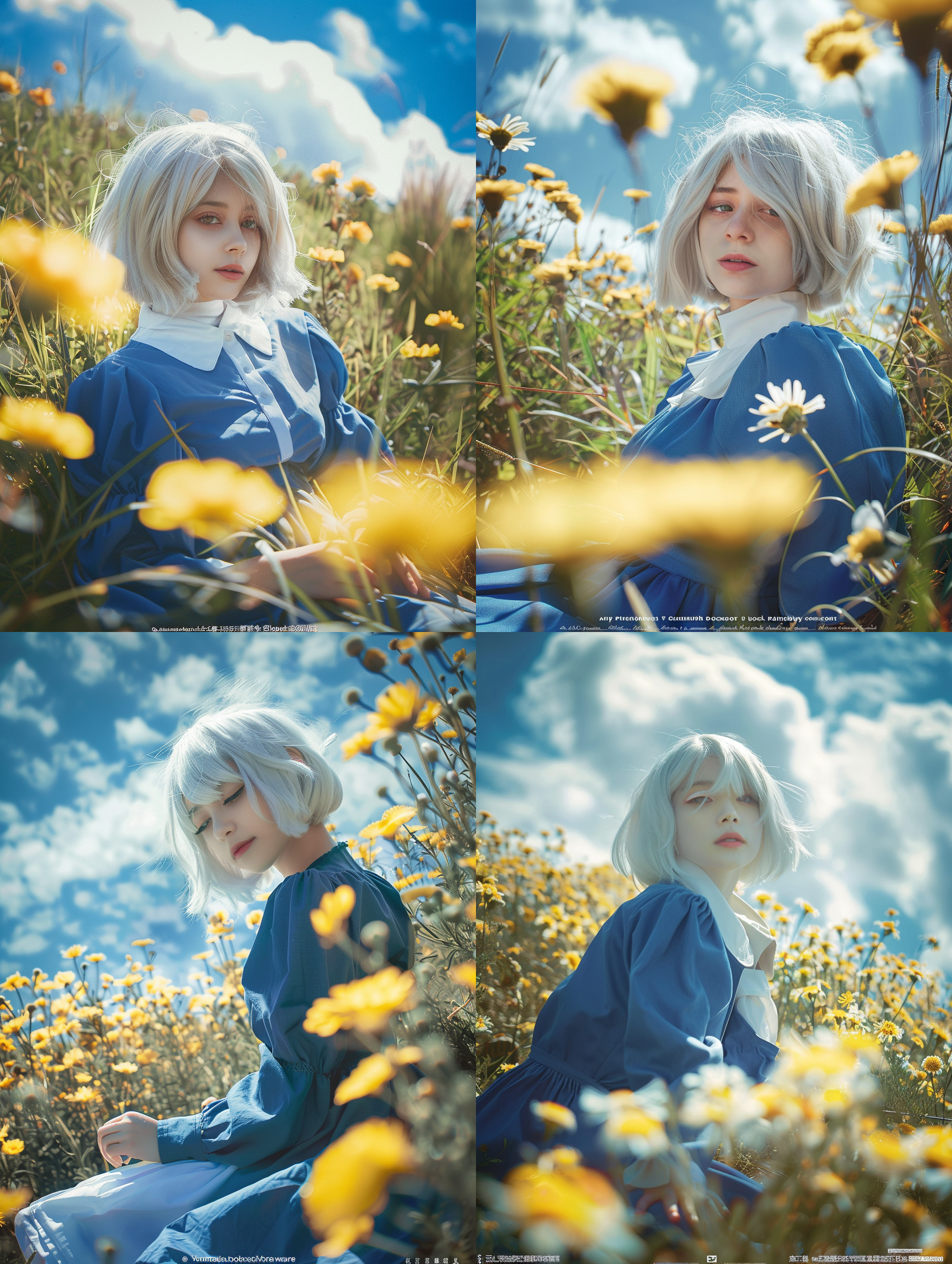 苏菲躺草地望云，云朵文字飘过，柔和光线，广角镜头，自然色彩，宁静氛围，低角度拍摄，微风轻拂。