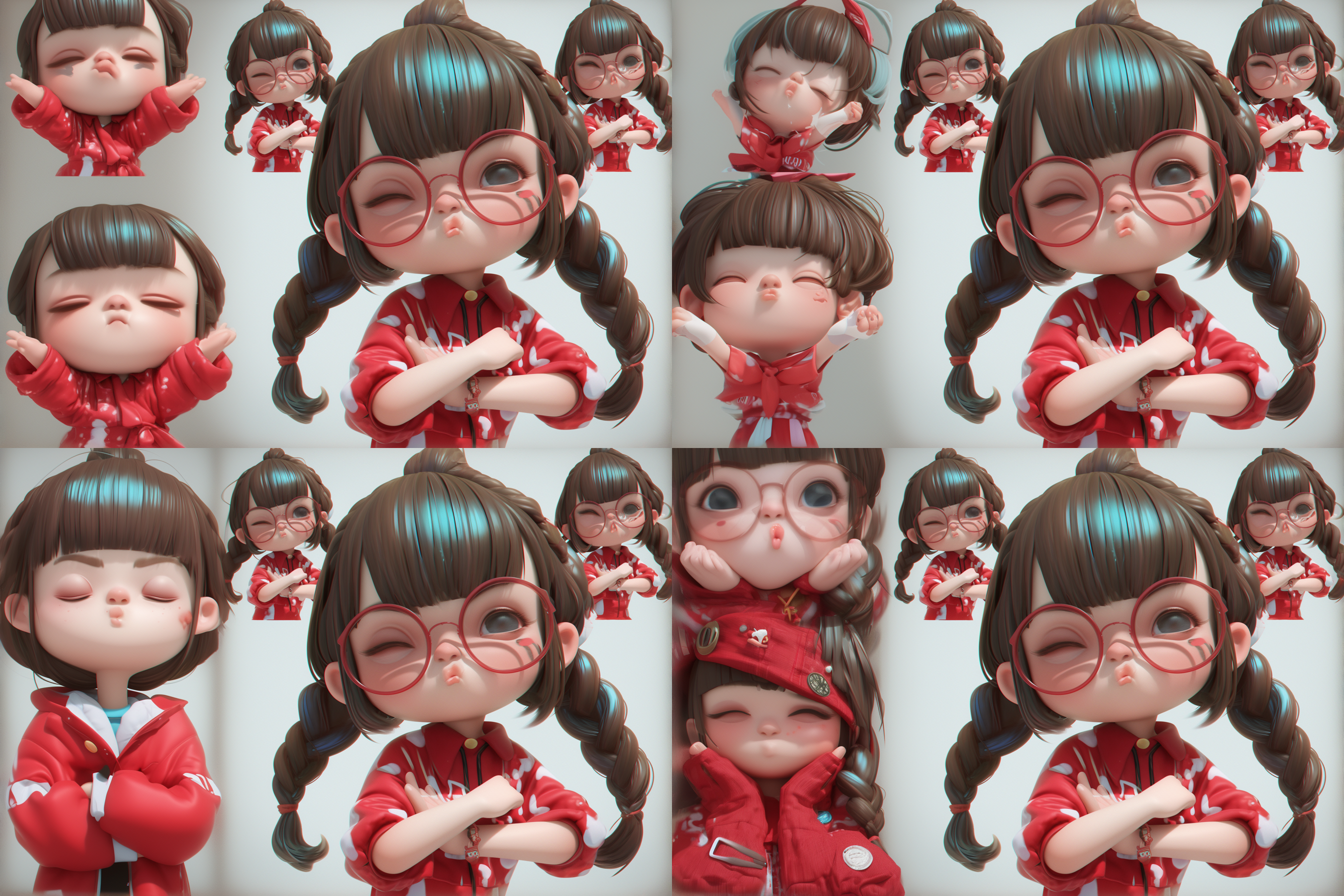 小女孩，生成各种情绪和表情动作，九宫格排列