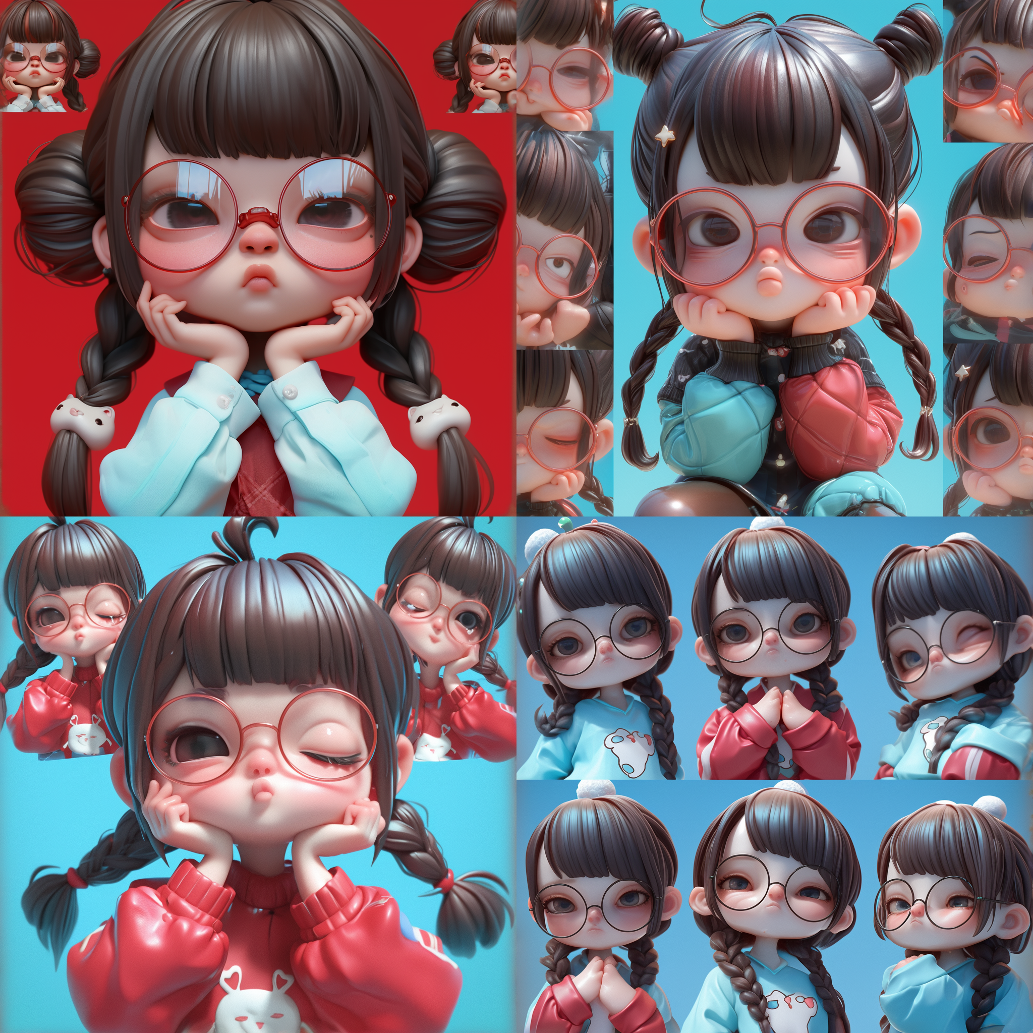 小女孩，生成各种情绪和表情动作，九宫格排列