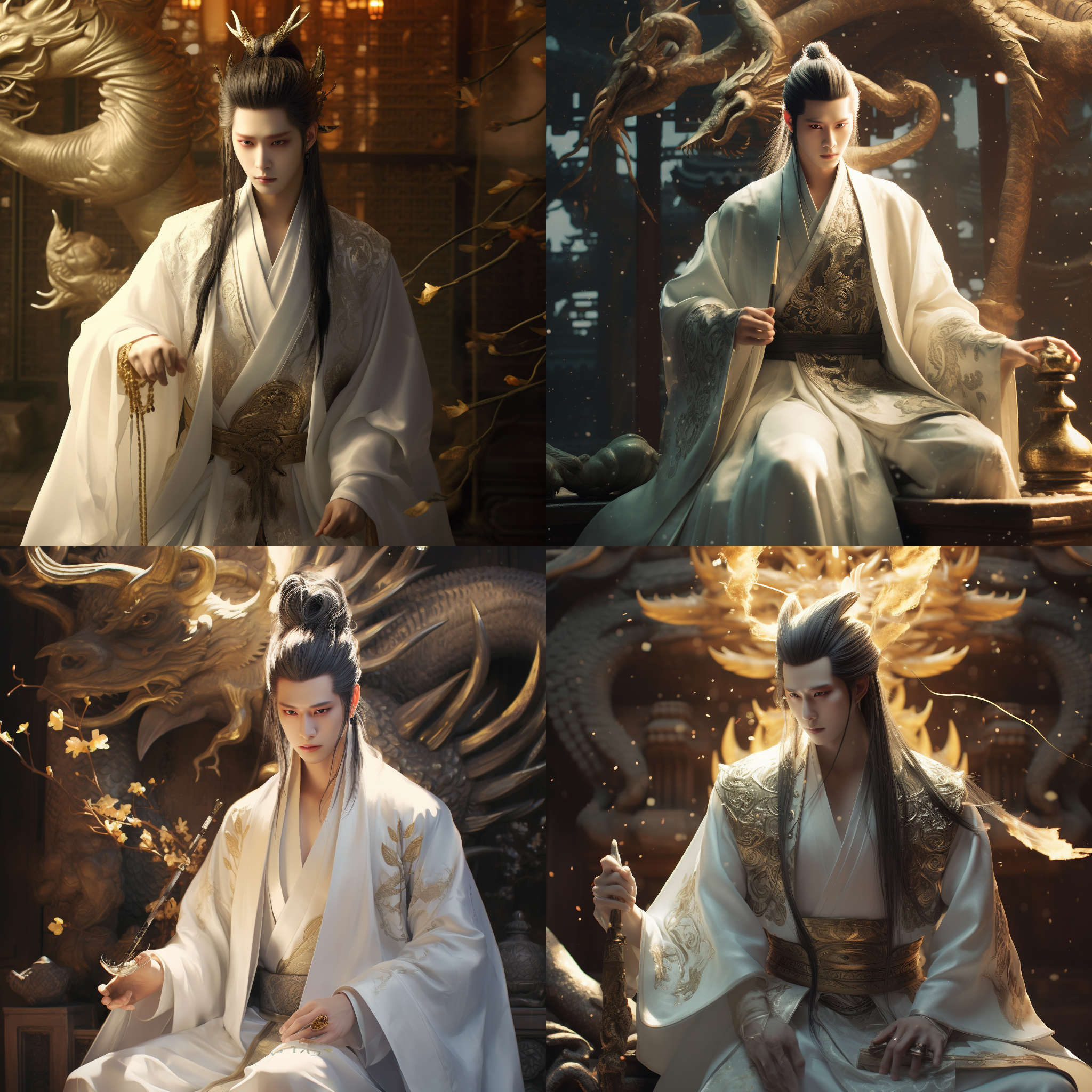 拟人中国龙和帅气年轻男子，身着中式白色道袍，长尾盘旋，全身远景，在古中式王宫背景中，营造出神秘梦幻的氛围，仙气飘飘。