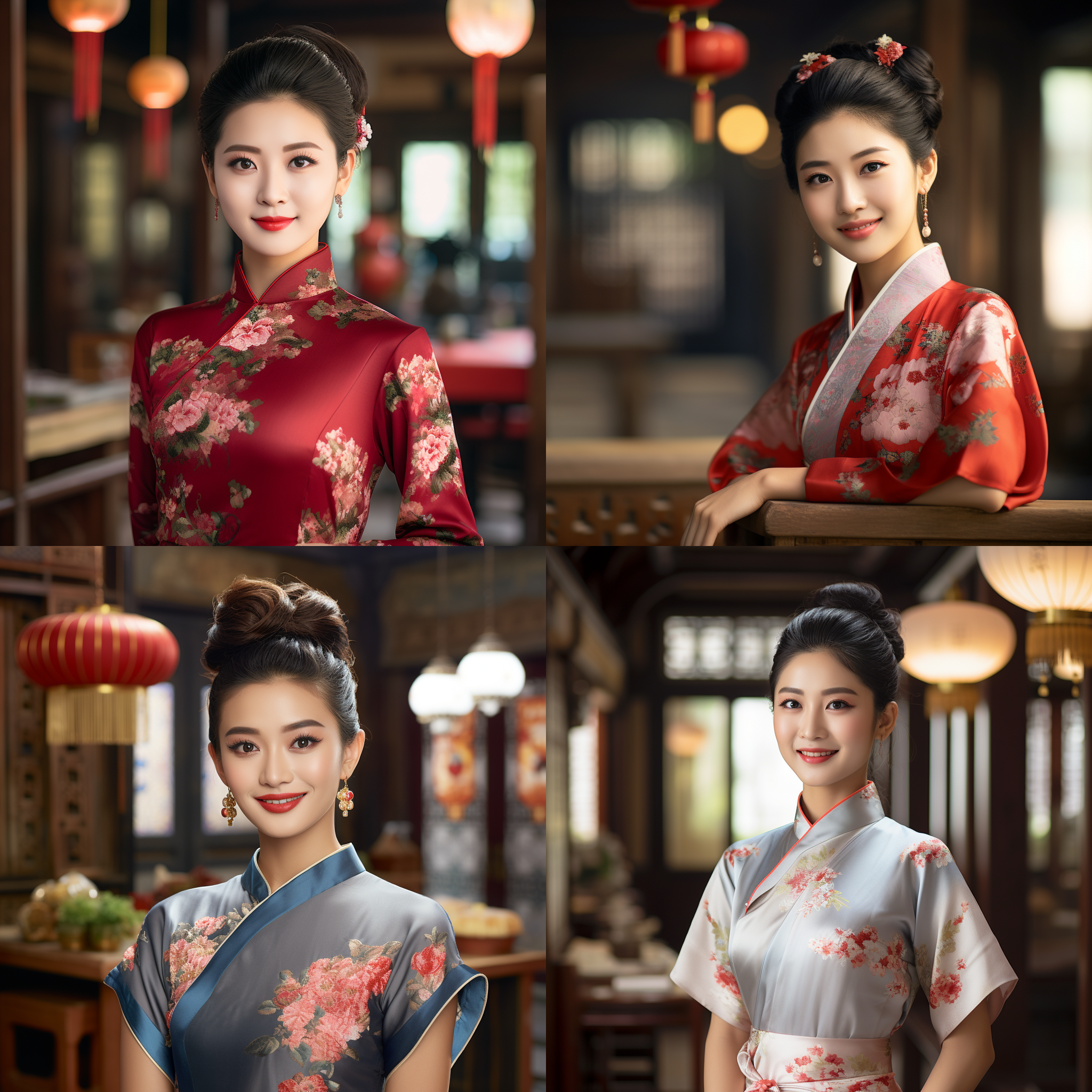 一位穿着传统旗袍、戴着传统发饰的模特优雅地站着，微笑着面对镜头。场景设定在一个宁静的、传统的中国。