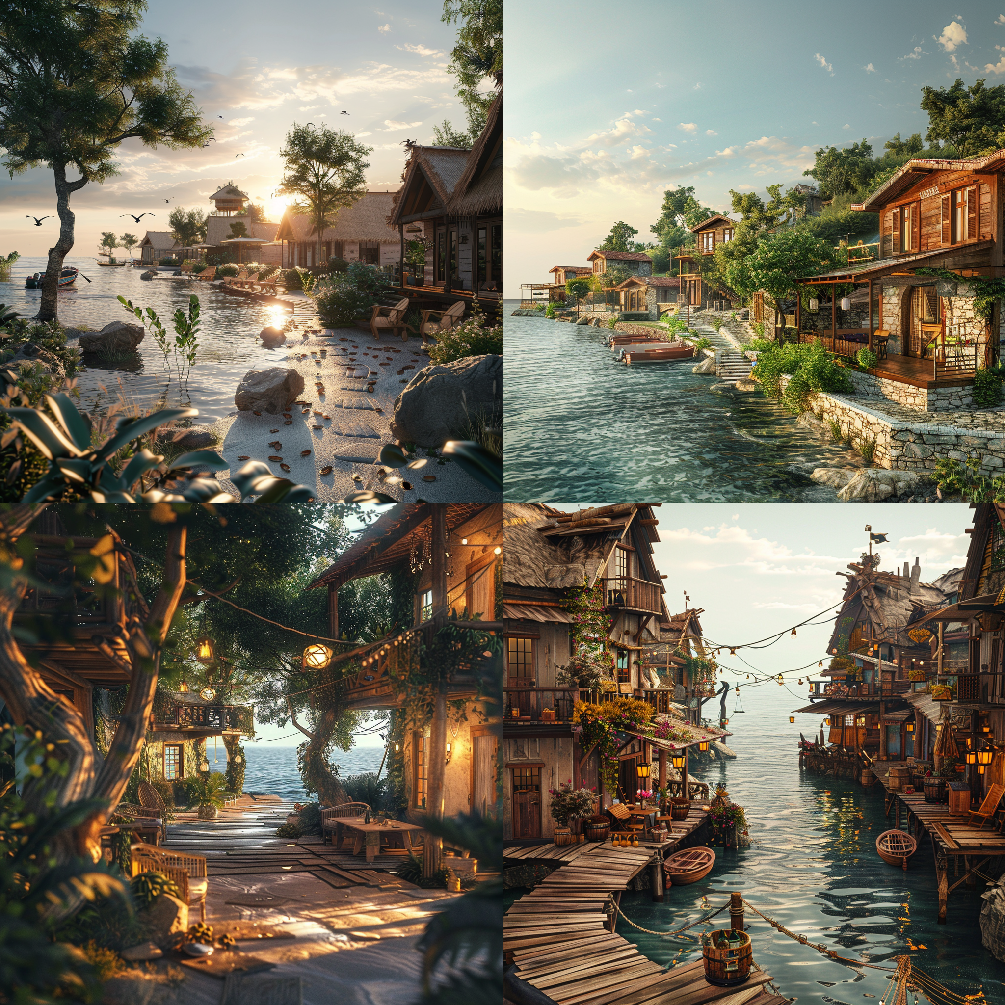 渔村建筑，暖色系材质，田园环绕，可远眺大海，游客悠闲度假，自然光线，广角镜头，宁静，舒适。