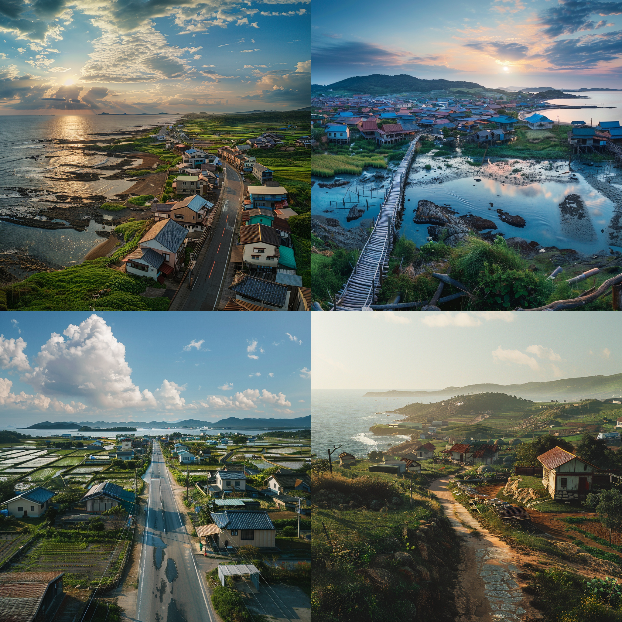 渔村，村庄路网清晰，田园环绕，有观景台可远望大海，自然光线，广角镜头，宁静舒适。